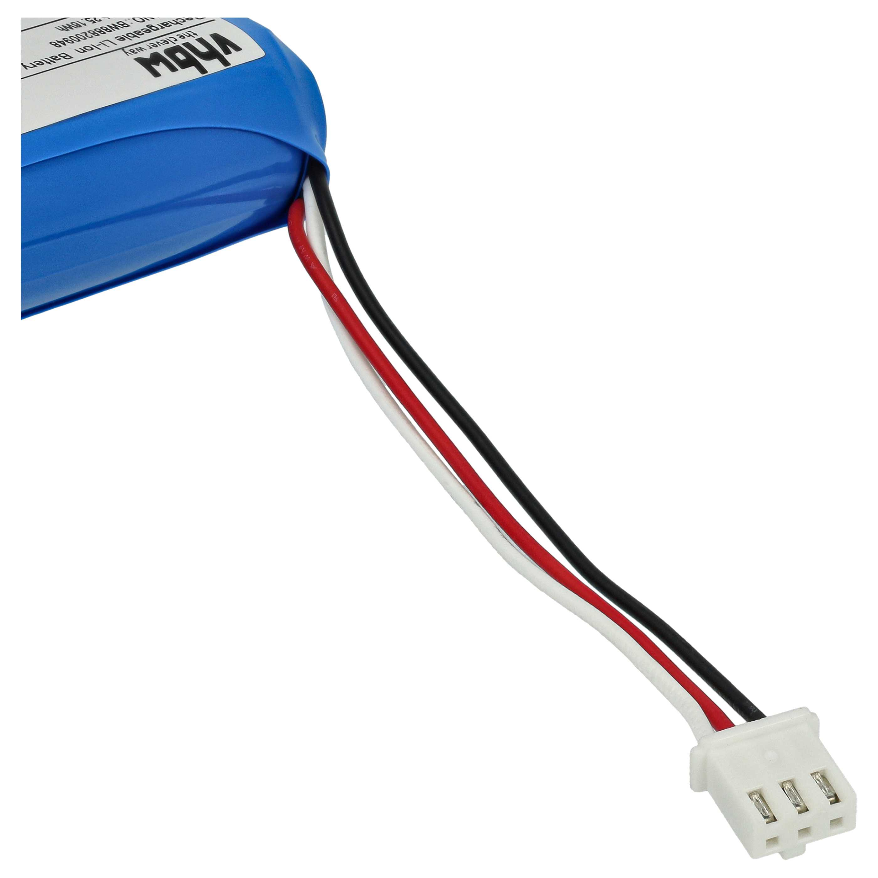 Blaue und weiße Drähte mit weißem Stecker. Die Drähte sind mit einer Batterie verbunden.