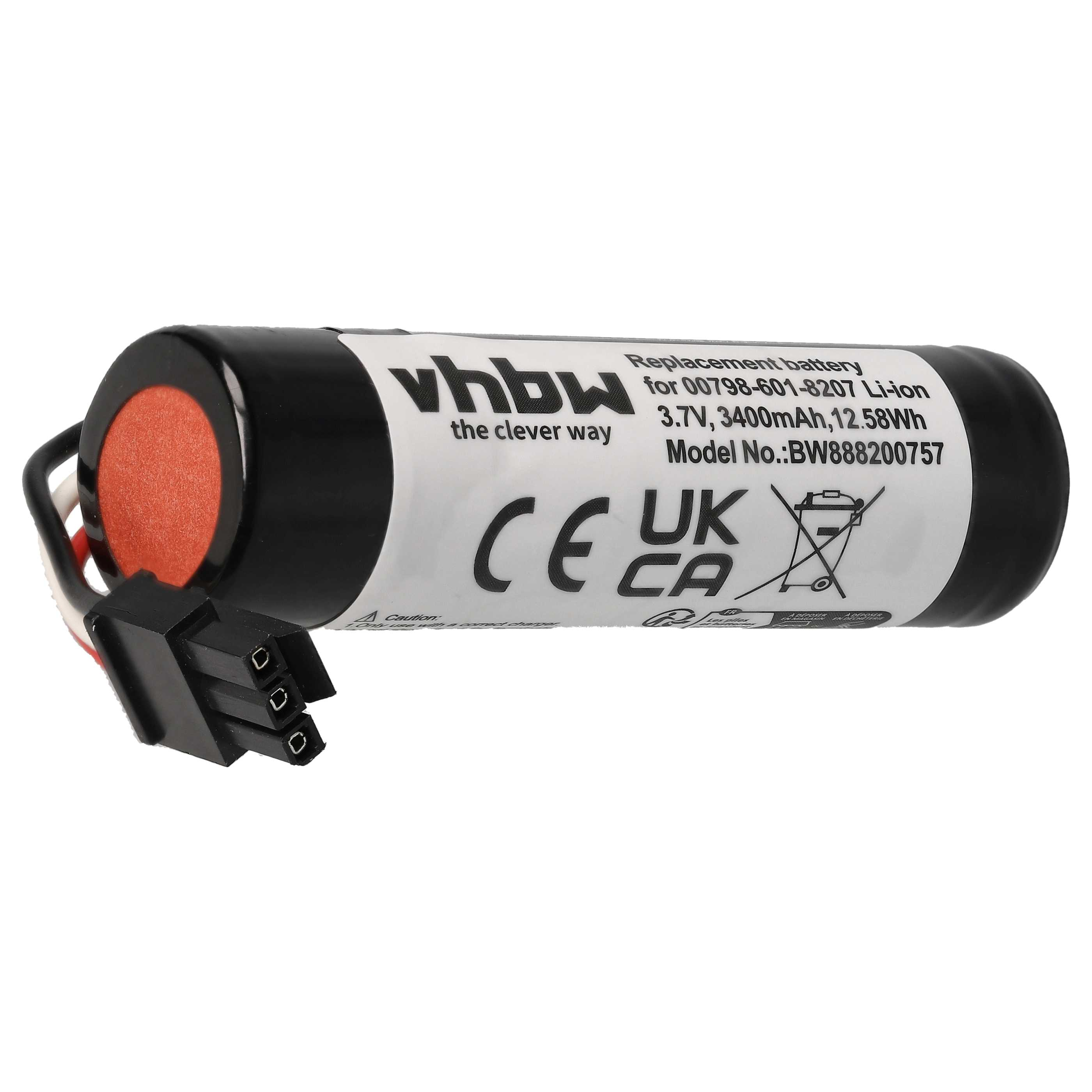 Zylindrische Batterie mit schwarzem Stecker und weißem Etikett. Weißer Hintergrund.