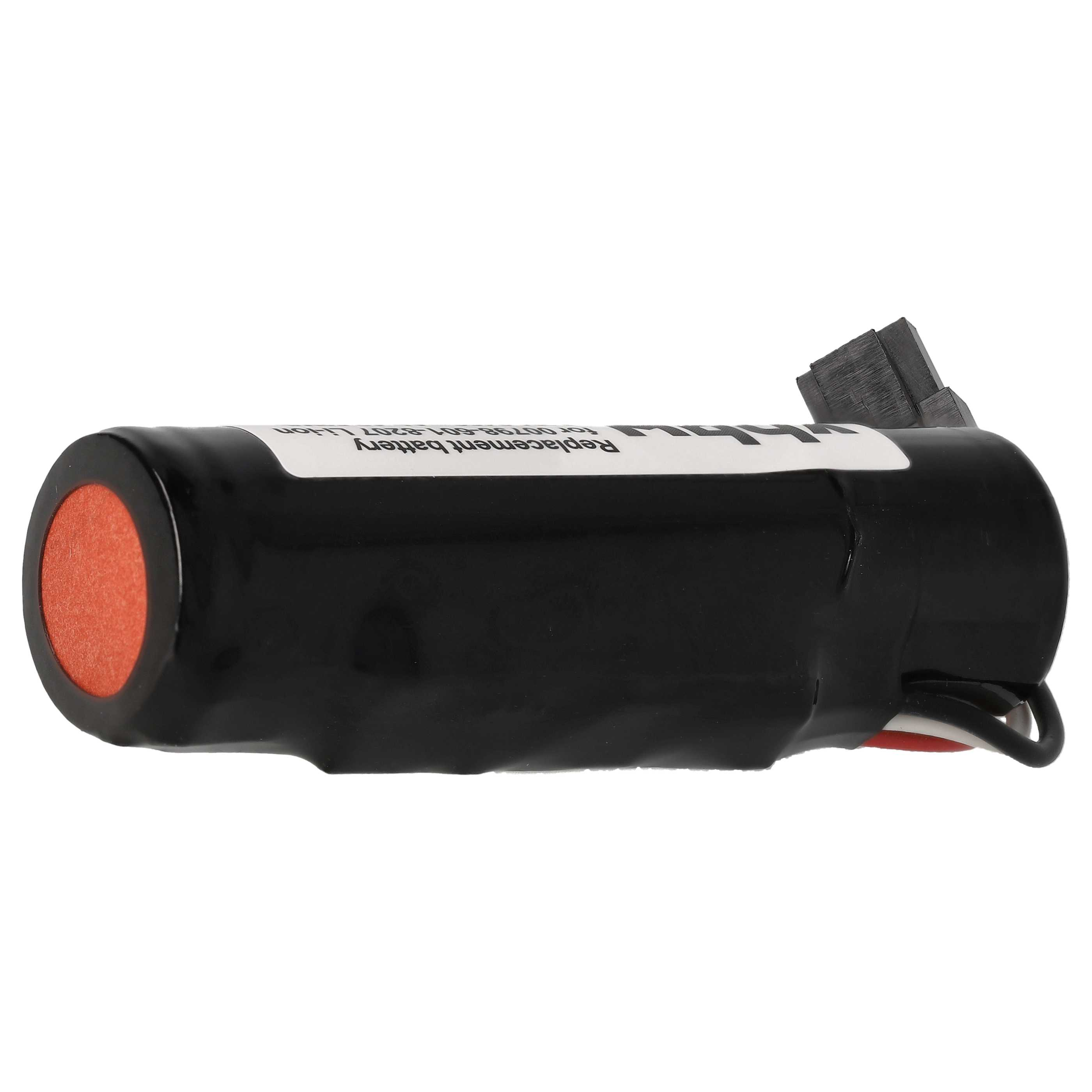 Eine schwarze Ersatzbatterie. Die Batterie hat ein Etikett mit Text. Die Batterie hat ein rotes Ende.