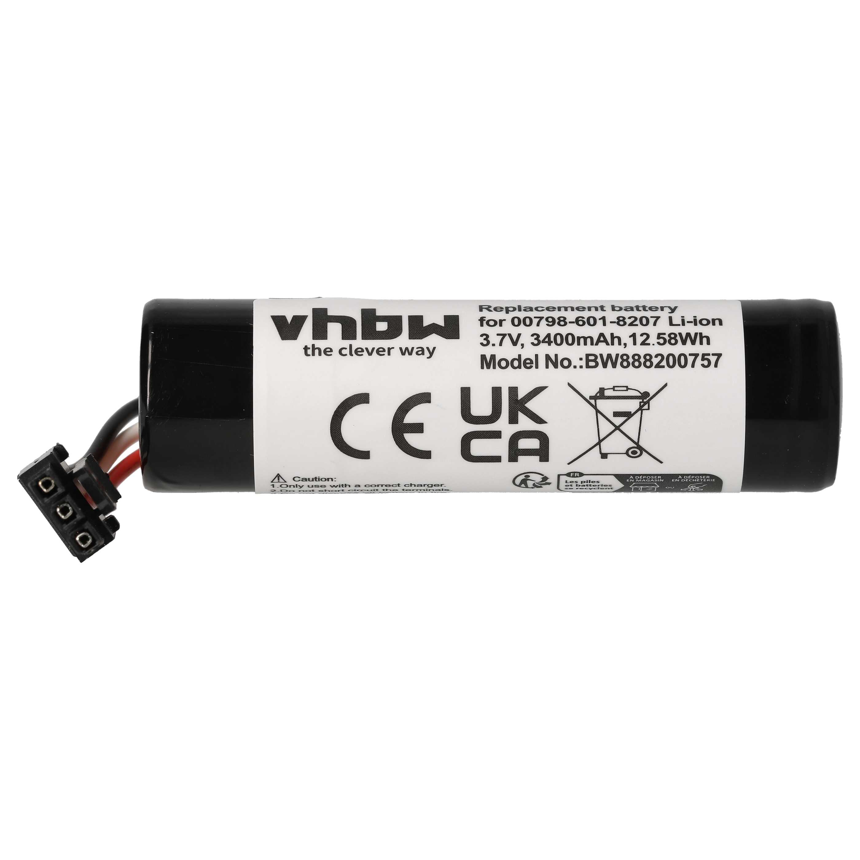 Schwarze zylindrische Batterie mit Text und Stecker, weißer Hintergrund.