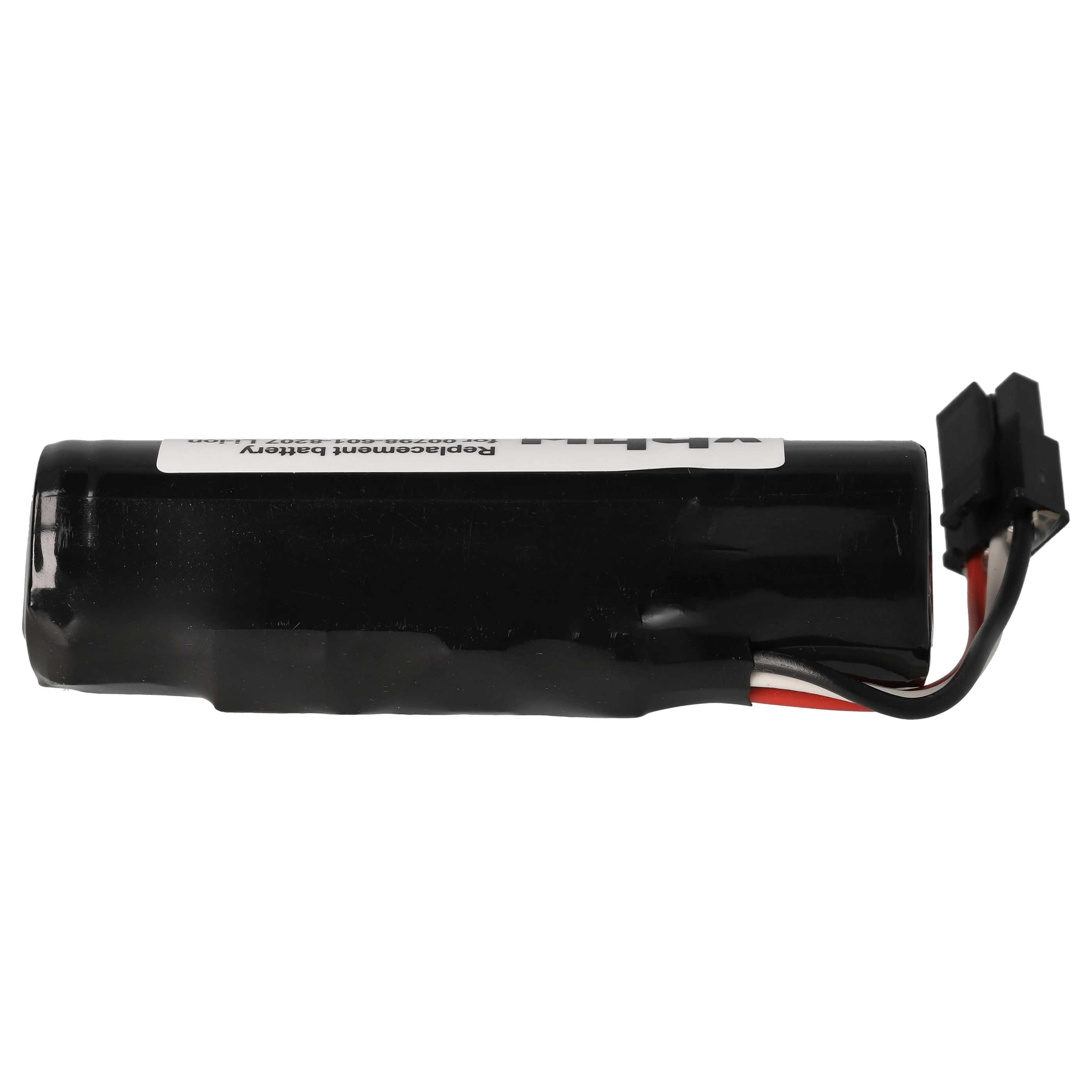 Eine schwarze zylindrische Batterie mit weißem Etikett und schwarzem Stecker.
