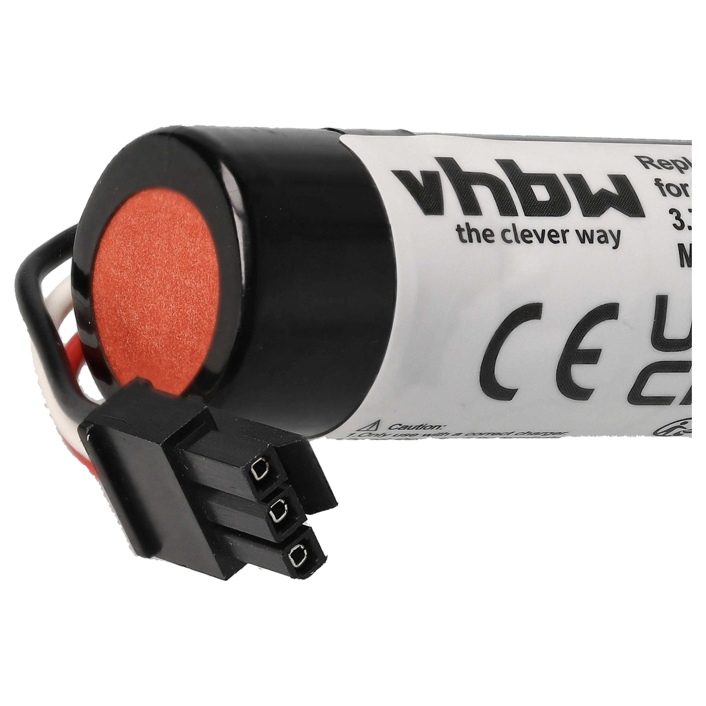 Eine blau-weiße Batterie mit schwarzem Stecker und rot-weißen Drähten, weißer Hintergrund.