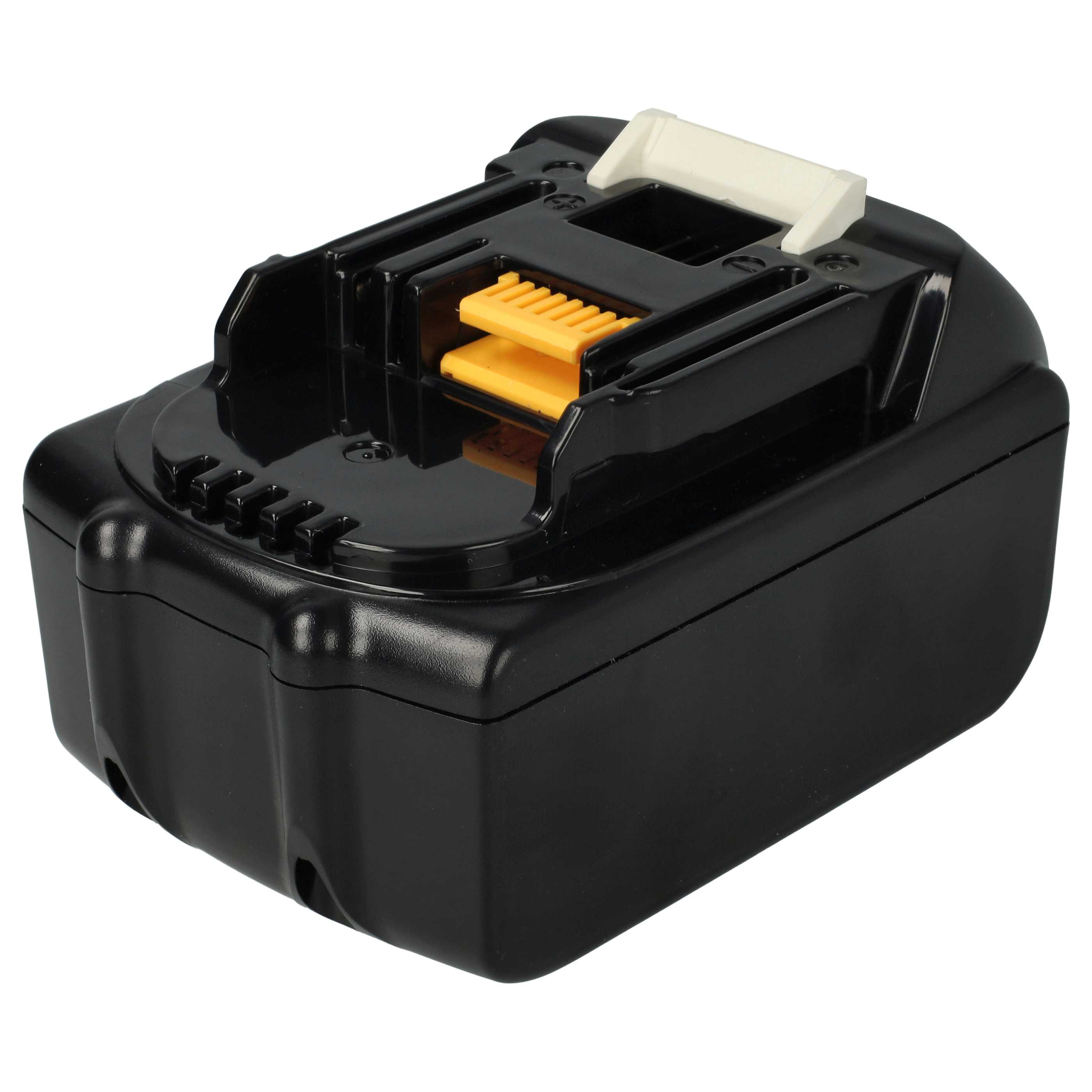 Schwarze Batterie mit gelb-weißem Bauteil oben. Weißer Hintergrund.