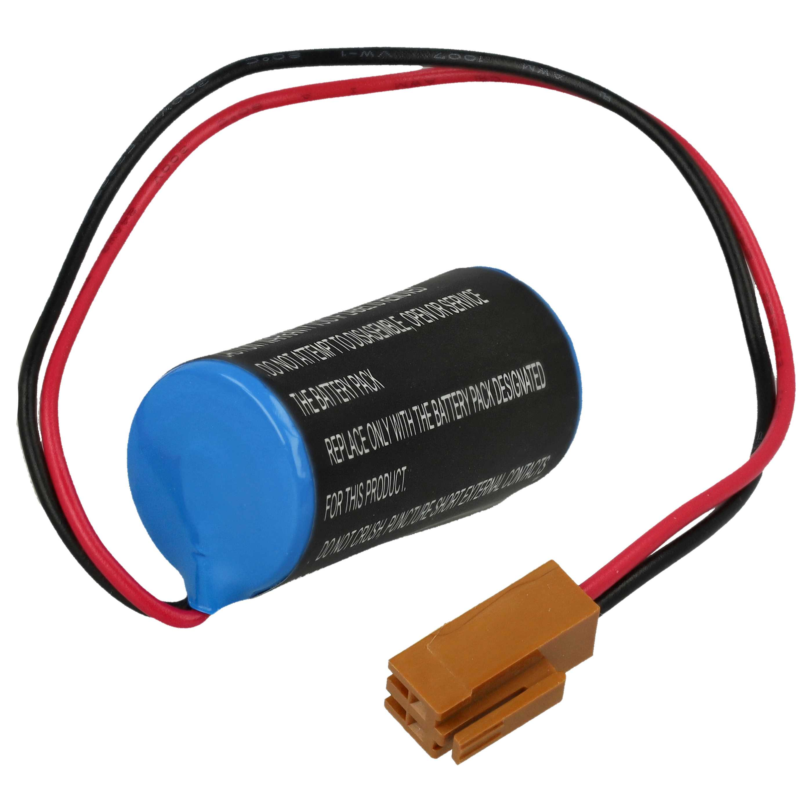 Blaue zylindrische Batterie mit roten und schwarzen Drähten und einem braunen Stecker.