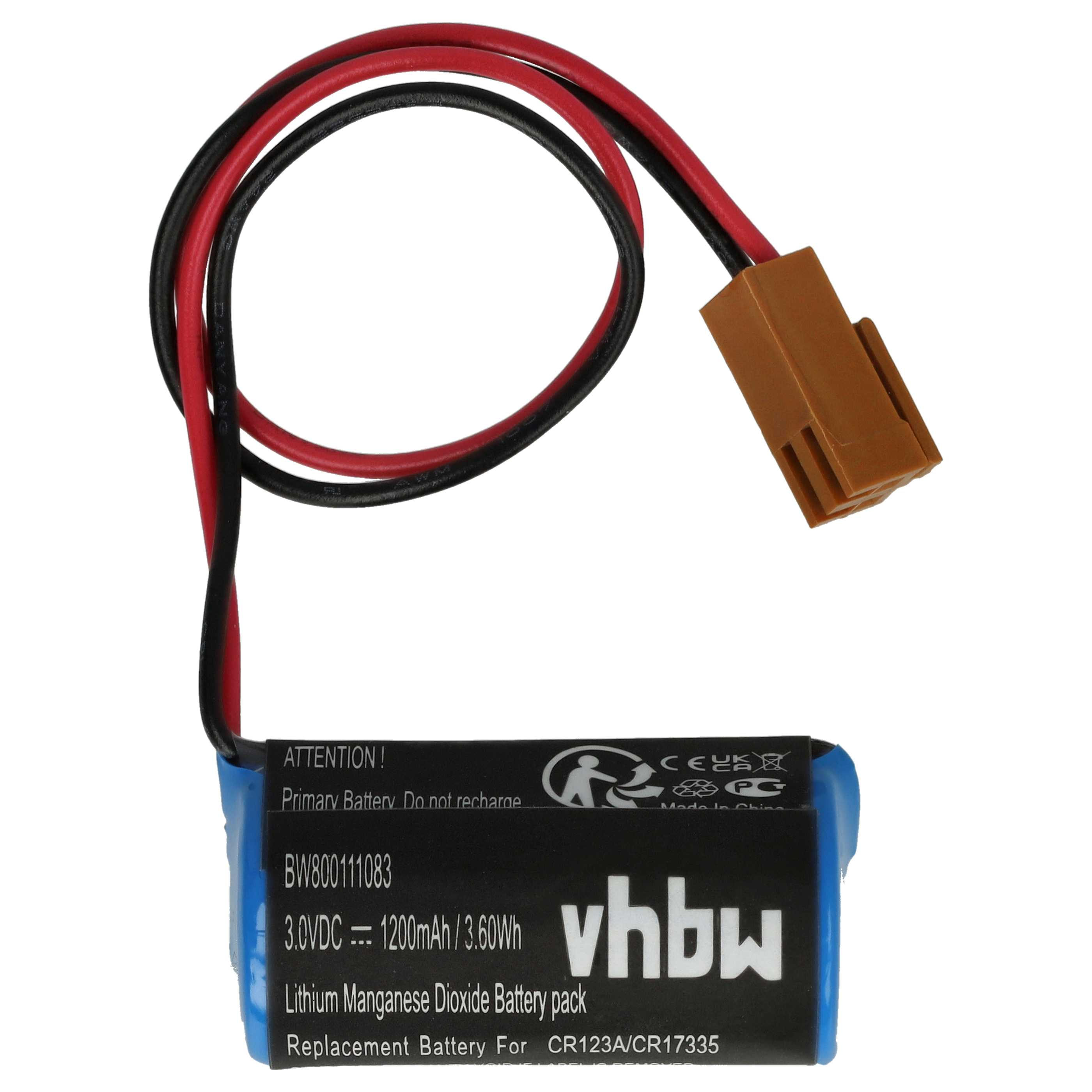 Ein kleiner Akku mit Kabeln und einem braunen Stecker, beschriftet mit 'vhbw'.