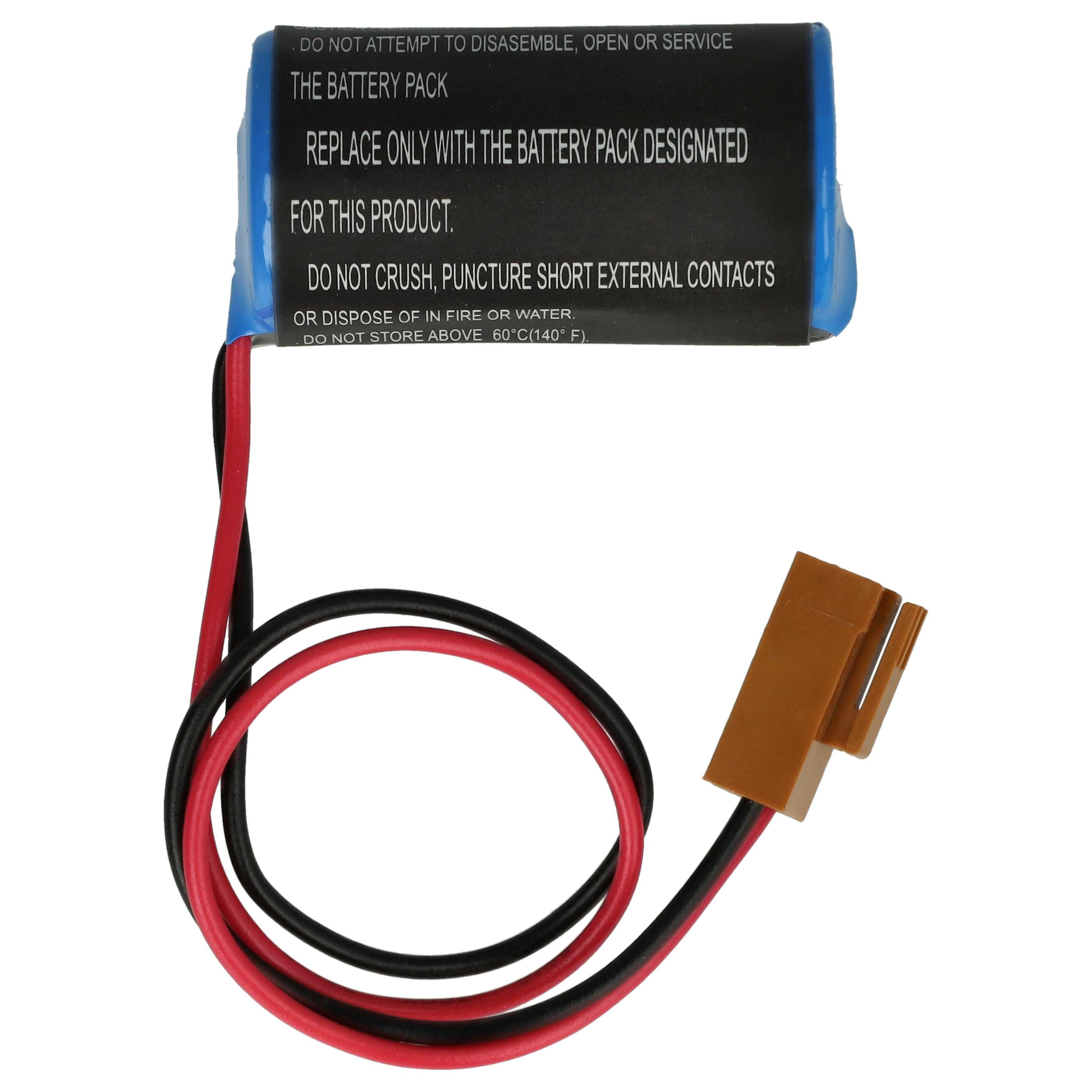 Blau umwickeltes Akku-Pack mit roten und schwarzen Kabeln, braunem Stecker und Warnhinweis. Weißer Hintergrund.