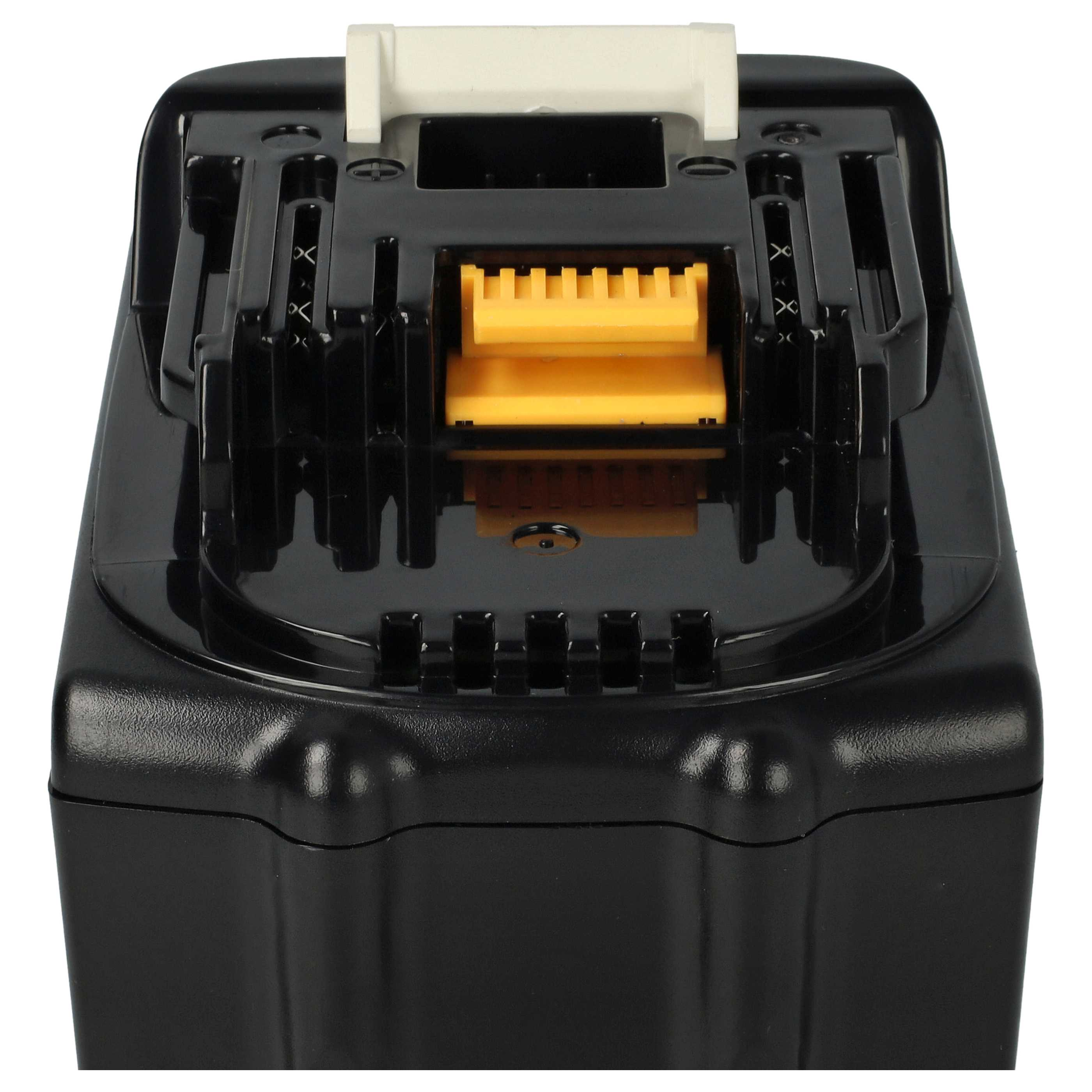 Schwarzes Batterieladegerät mit gelbem Stecker im Inneren. Draufsicht, isoliert auf weißem Grund.