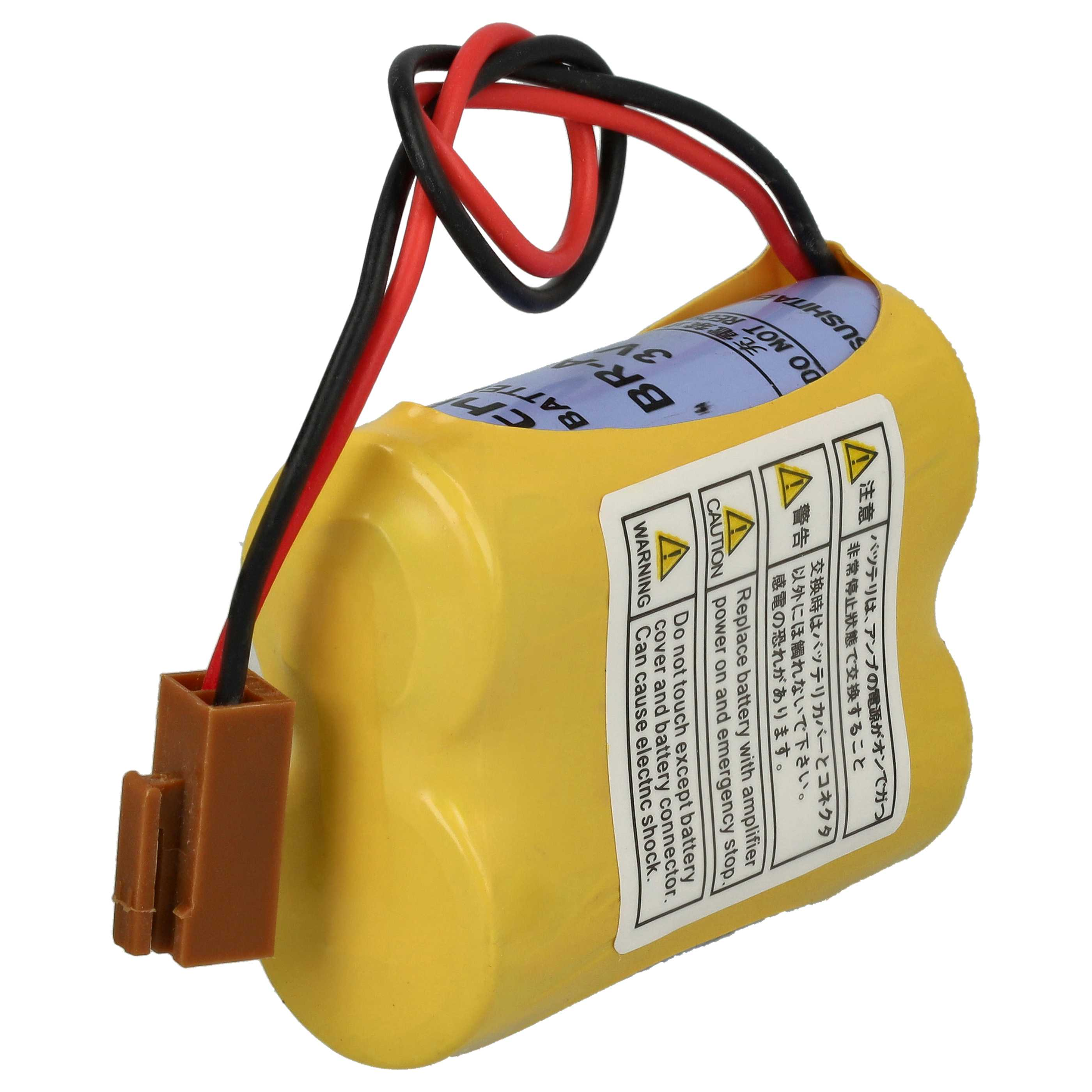 Ein gelbes Batteriepack mit schwarzen und roten Drähten und einem braunen Stecker.