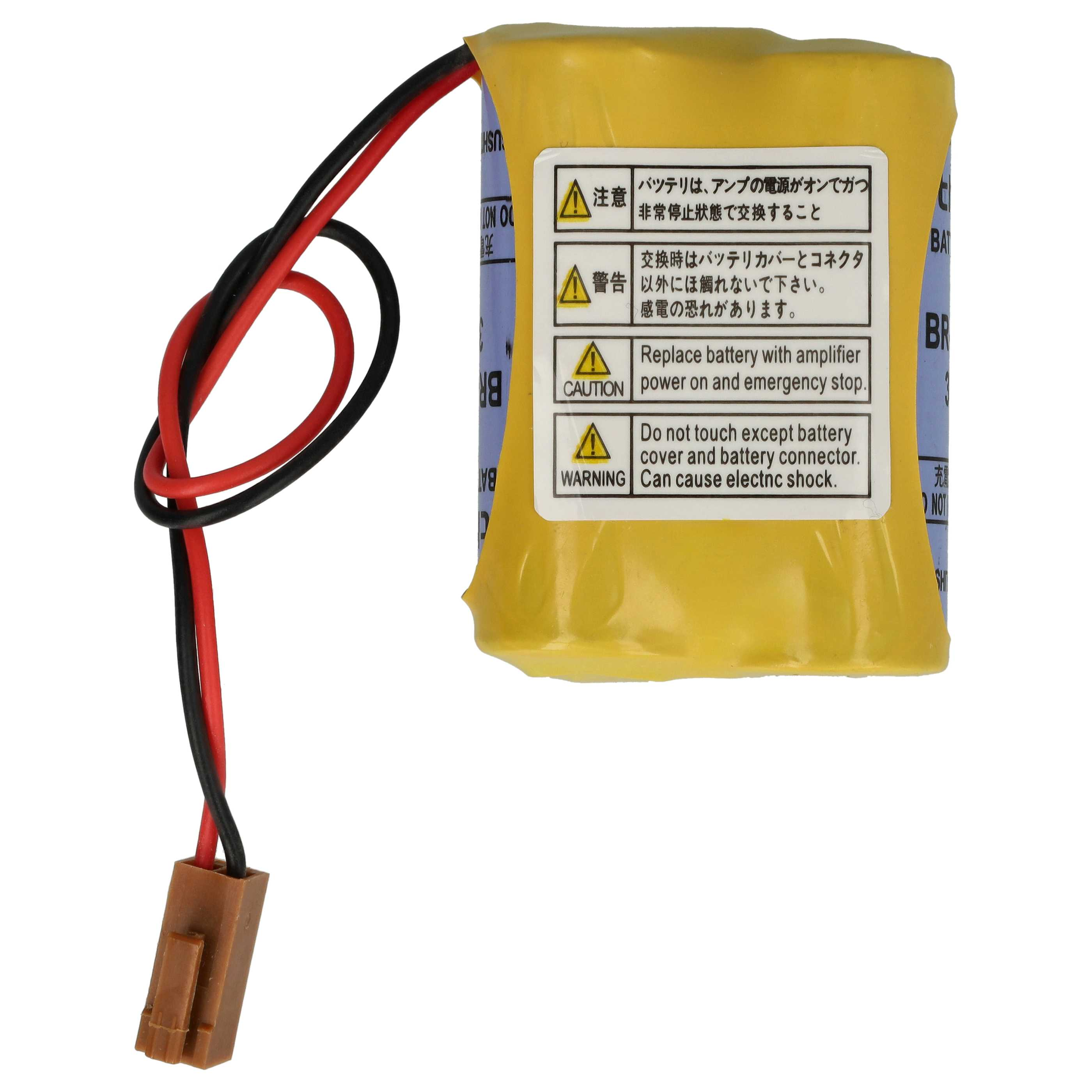 Eine gelbe Batterie mit roten und schwarzen Drähten, die an einen Stecker angeschlossen sind, Warnhinweise.