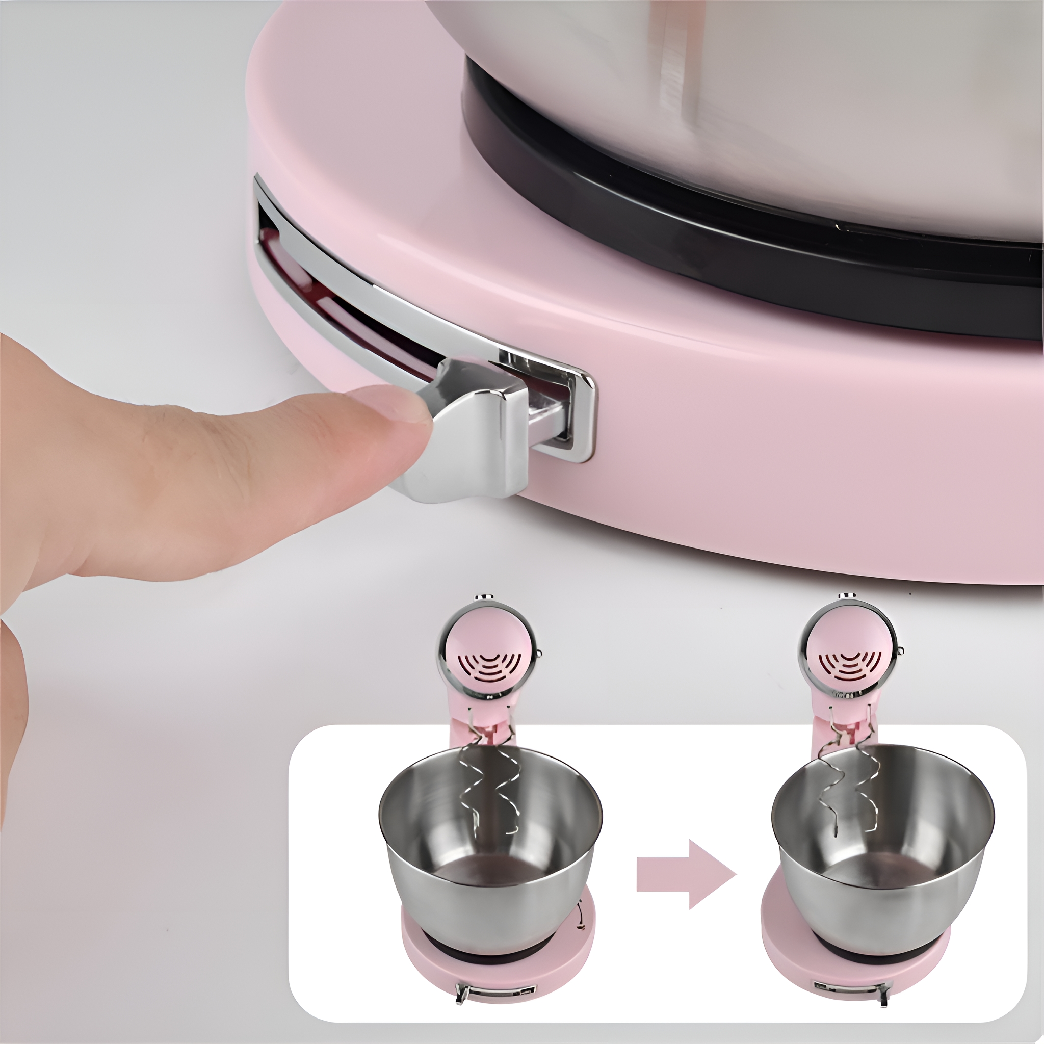 Ein rosa Standmixer. Eine Hand drückt einen Hebel, um die Rührschüssel zu lösen. Die Schüssel hebt sich vom Ständer ab.