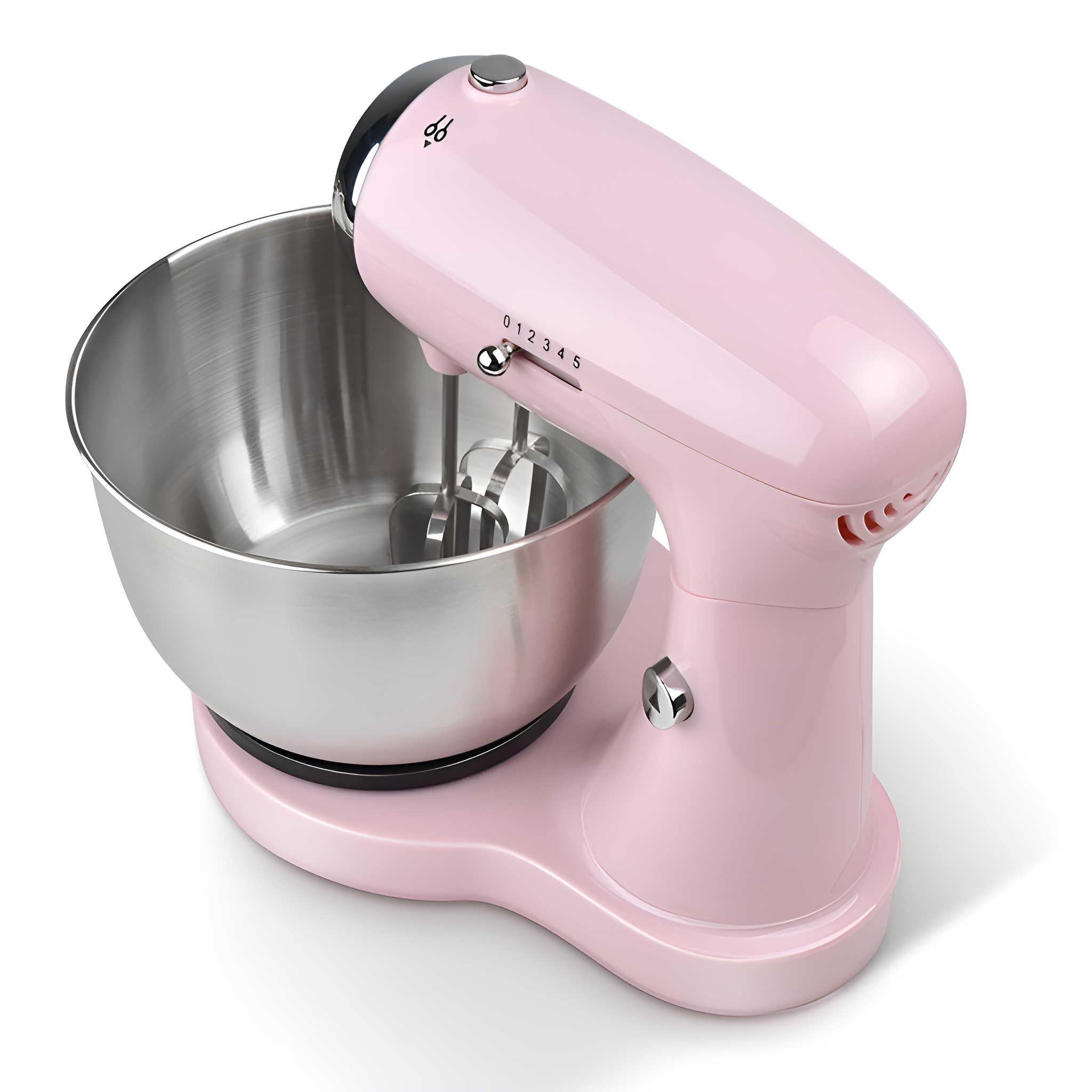 Rosa Küchenmaschine mit Edelstahlschüssel. Sie hat ein Zifferblatt und einen Geschwindigkeitshebel.