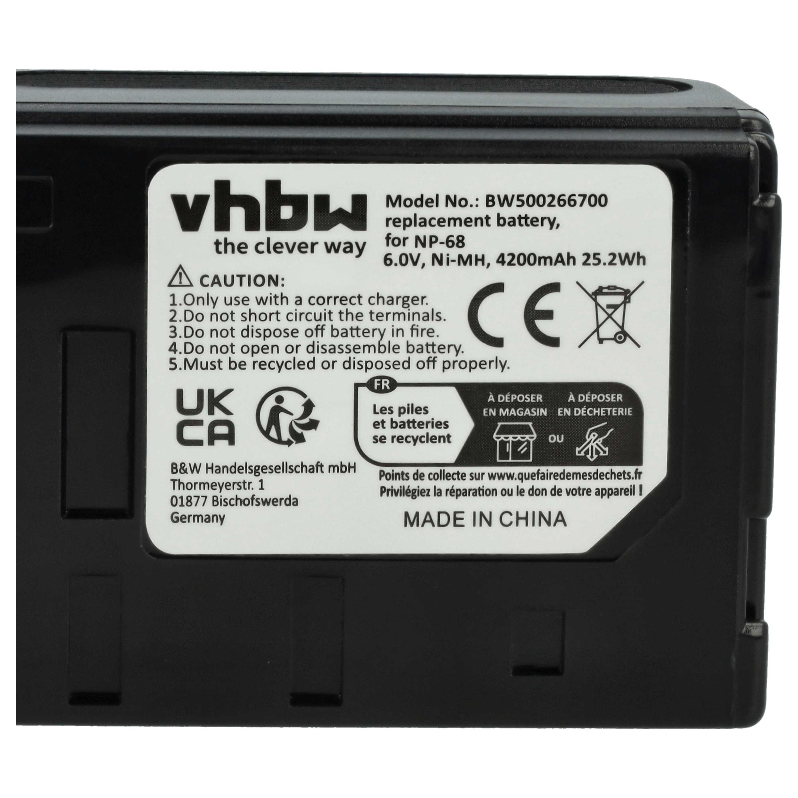 Schwarze Vhbw Batterie mit Etiketten und Warnhinweisen auf weißem Untergrund.