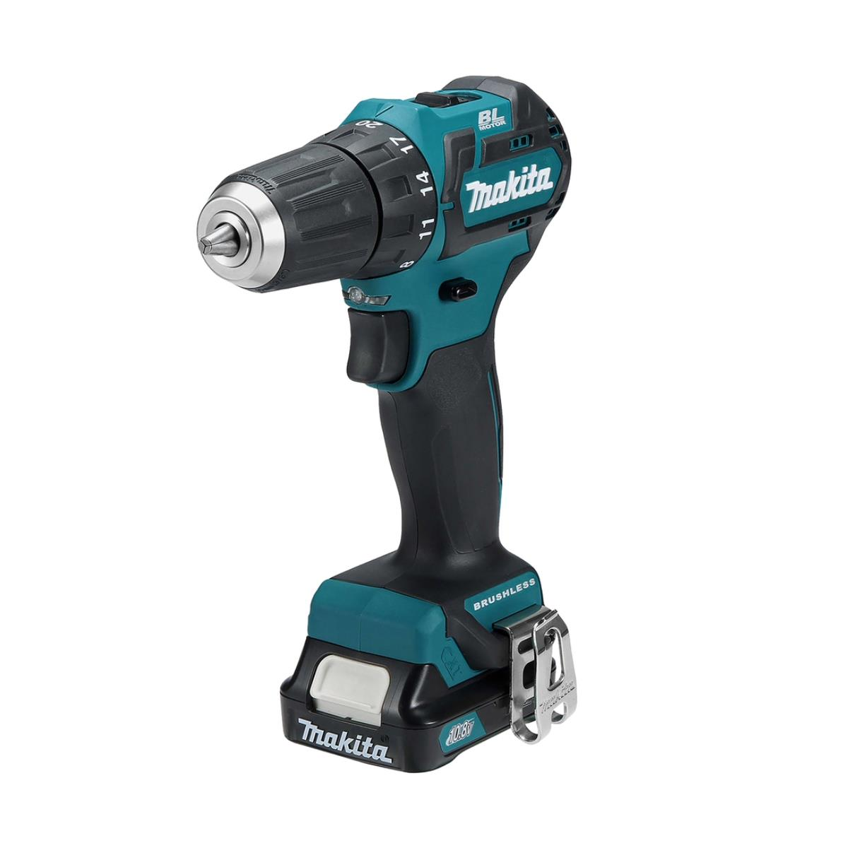 Eine türkisfarbene Makita Akku-Bohrmaschine. Sie ist schwarz und türkis mit einem silbernen Bohrer.