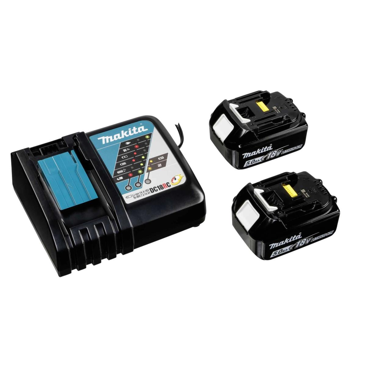 Caricabatterie nero e due batterie nere. Caricabatterie con luci e testo. Batterie con etichette. Marca Makita.