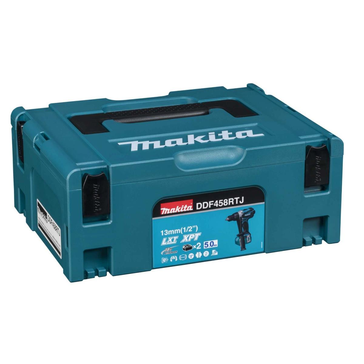 Una valigetta per attrezzi Makita color turchese contenente un trapano. La valigetta è chiusa e ha un'etichetta.