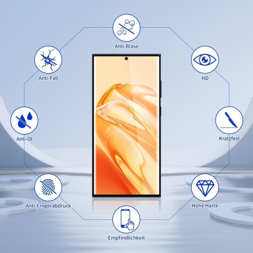 Smartphone mit Grafiken, die Funktionen zeigen: Anti-Fall, Anti-Öl, Fingerabdruckschutz und mehr.