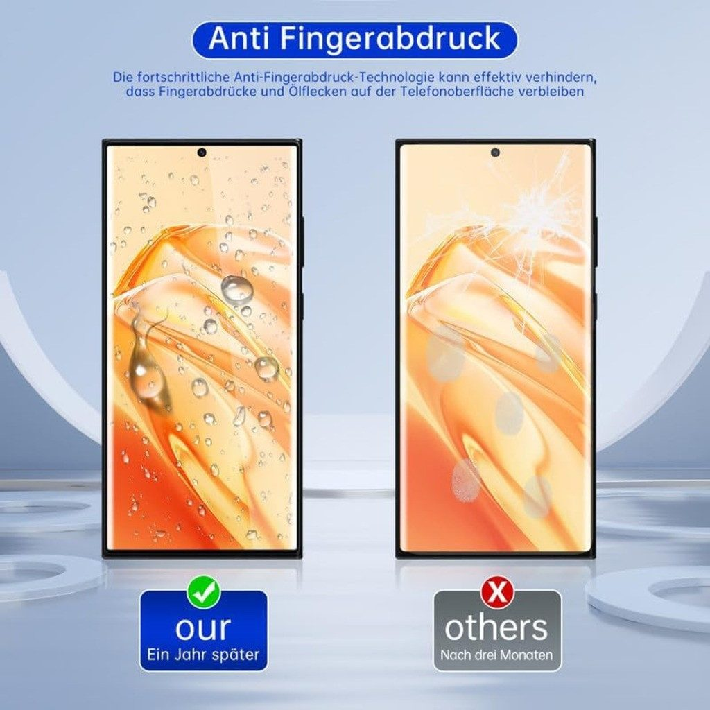Zwei Telefone, eins mit Fingerabdrücken, eins ohne. Zeigt einen Vergleich unseres Produkts mit anderen.