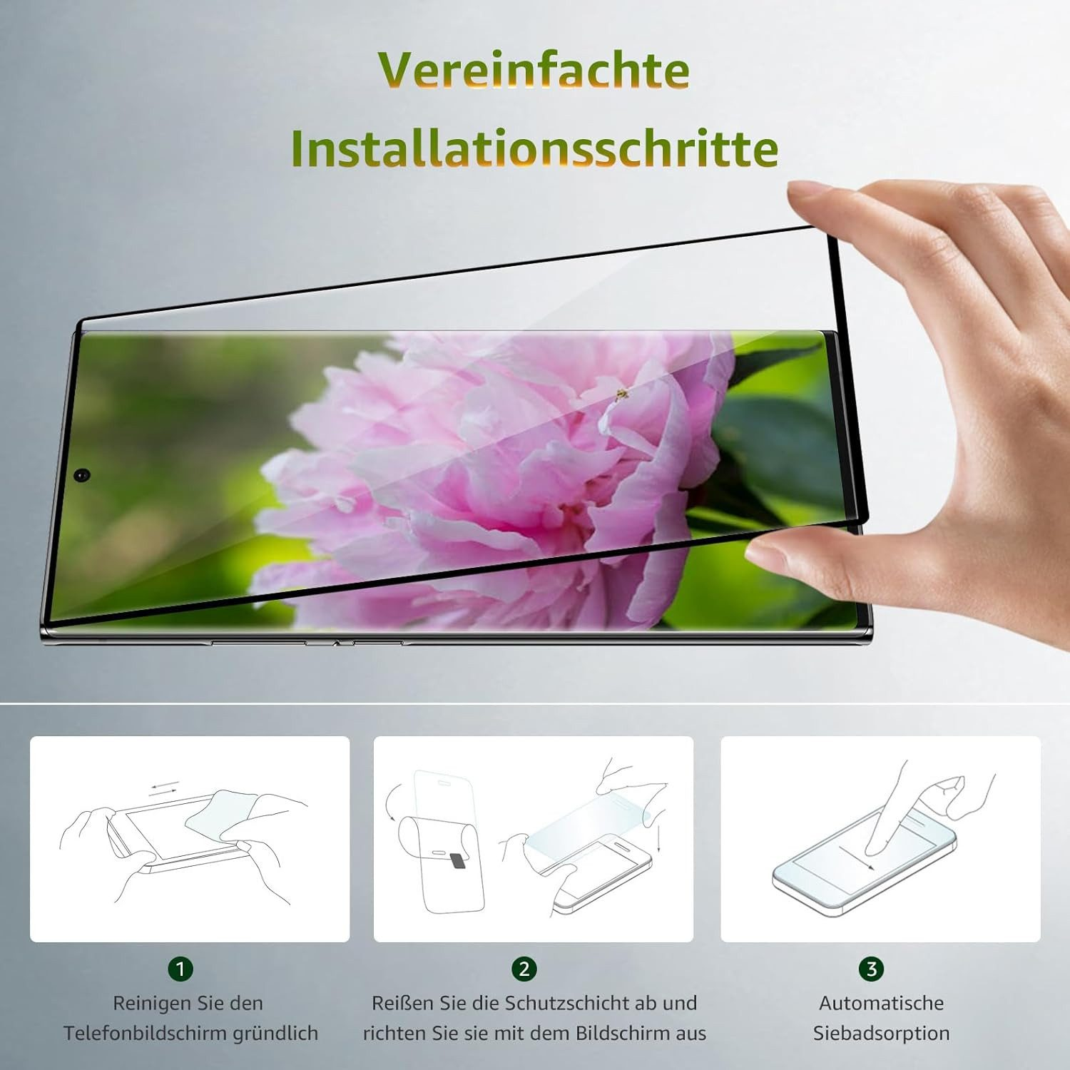 Schritte zur Installation einer Displayschutzfolie. Eine Hand platziert Glas auf dem Bildschirm.