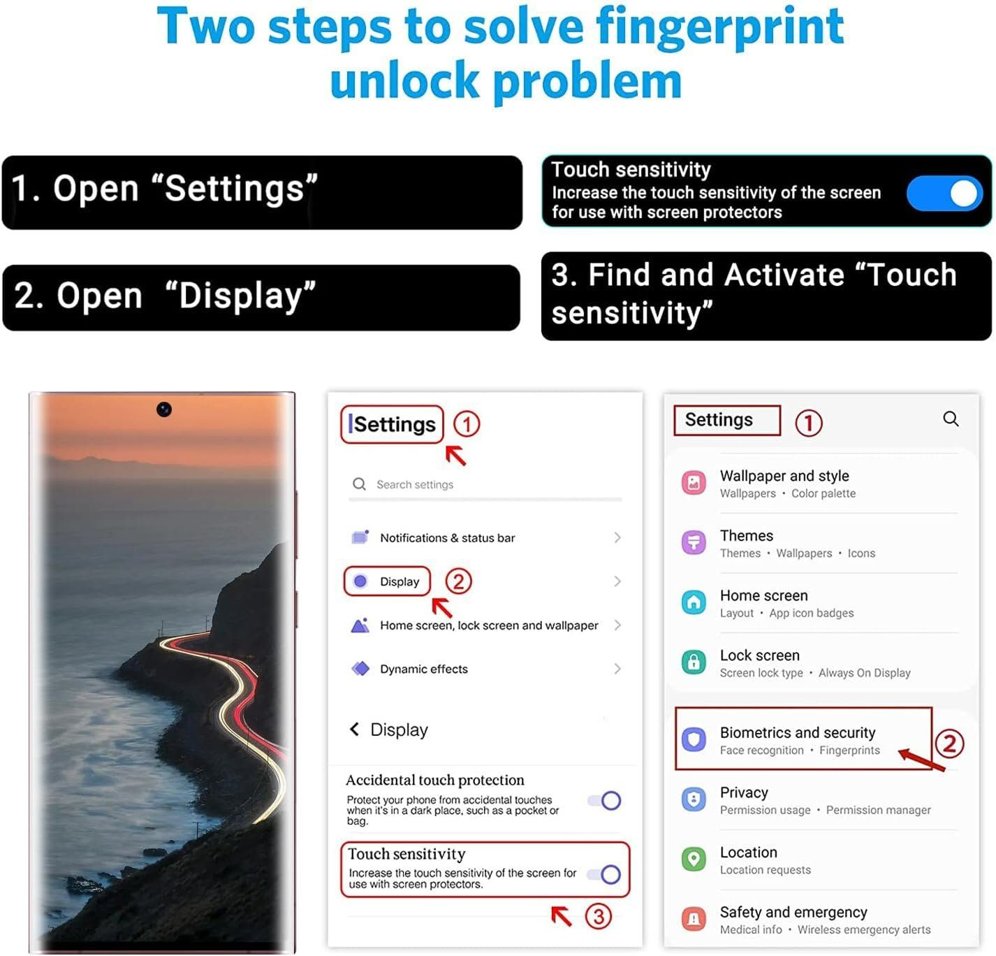 Diagramm mit Schritten zur Lösung der Fingerabdruckentsperrung. Telefonbildschirm. Text: Berührungsempfindlichkeit.
