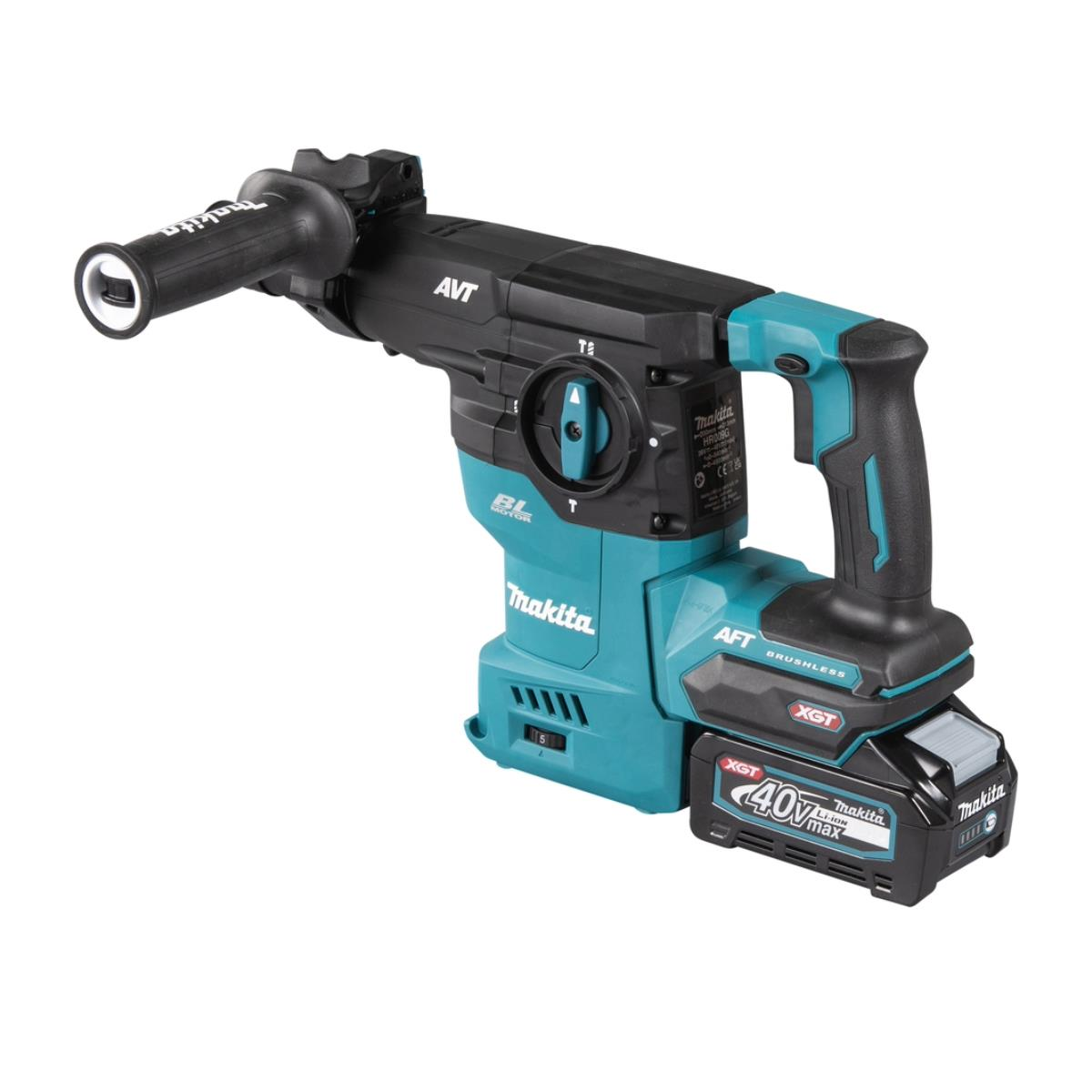 Un taladro percutor rotativo Makita, de color verde azulado y negro, sobre fondo blanco. Es una herramienta eléctrica con batería.