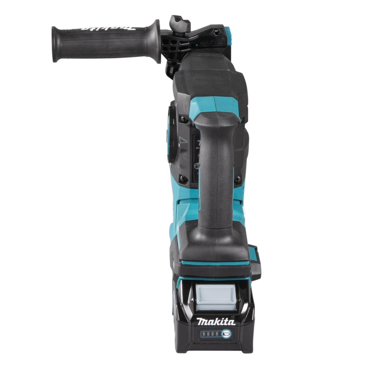 Taladro percutor Makita, turquesa y negro, con asa lateral y batería.
