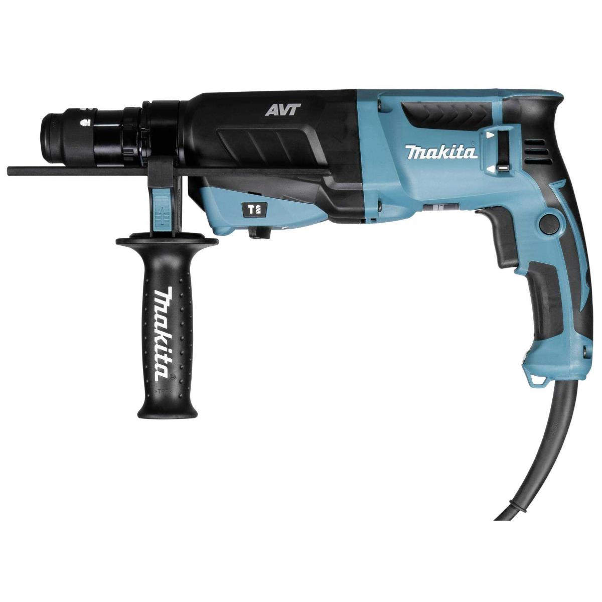 Trapano tassellatore Makita nero e verde acqua. Manico nero con logo Makita. Sfondo bianco.