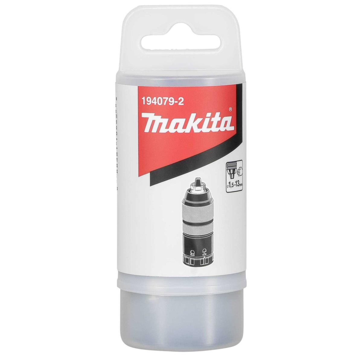 Mandrino Makita in custodia di plastica trasparente. Etichetta rossa e bianca. Sfondo bianco.