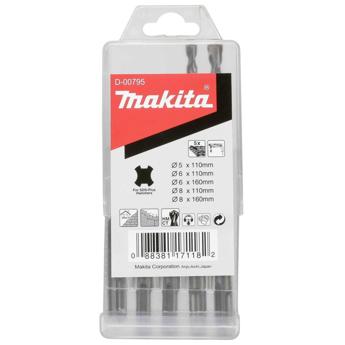 Set di punte Makita in una custodia trasparente. Etichetta rossa e bianca. Sfondo bianco.
