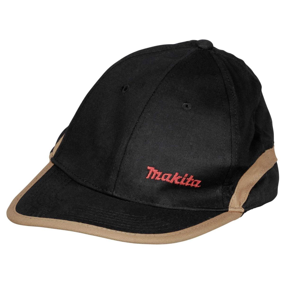 Cappellino da baseball Makita nero con bordi marroni e logo. Sfondo bianco.