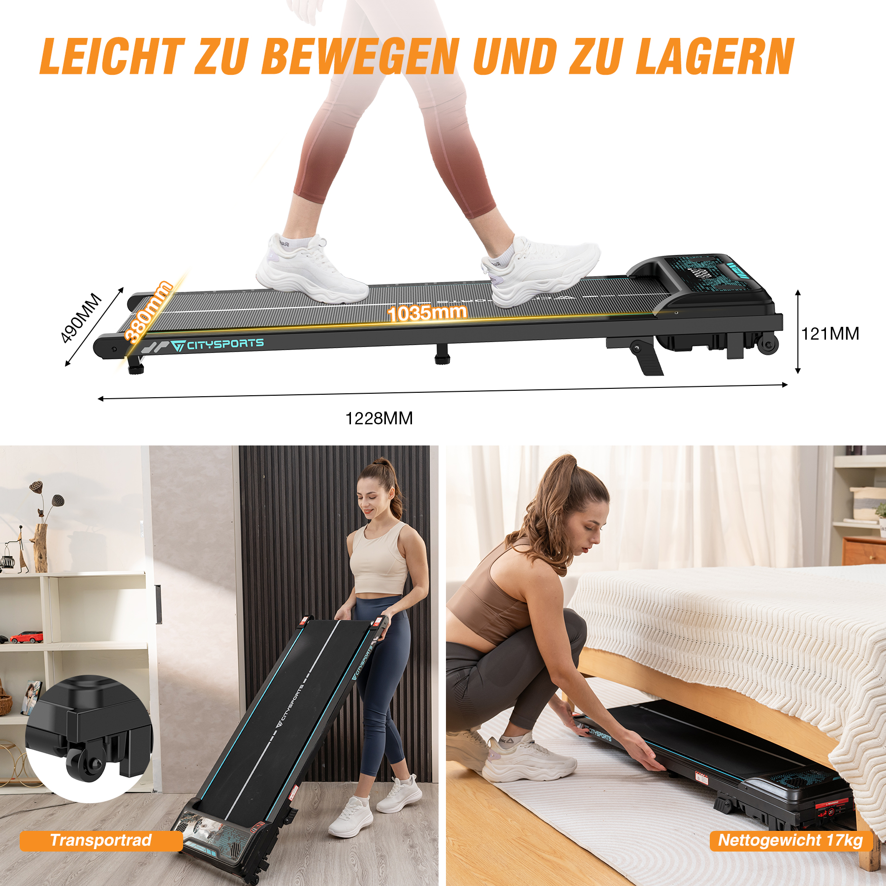 Eine Frau geht auf einem Laufband. Abmessungen werden gezeigt. Text: LEICHT ZU BEWEGEN UND ZU LAGERN.