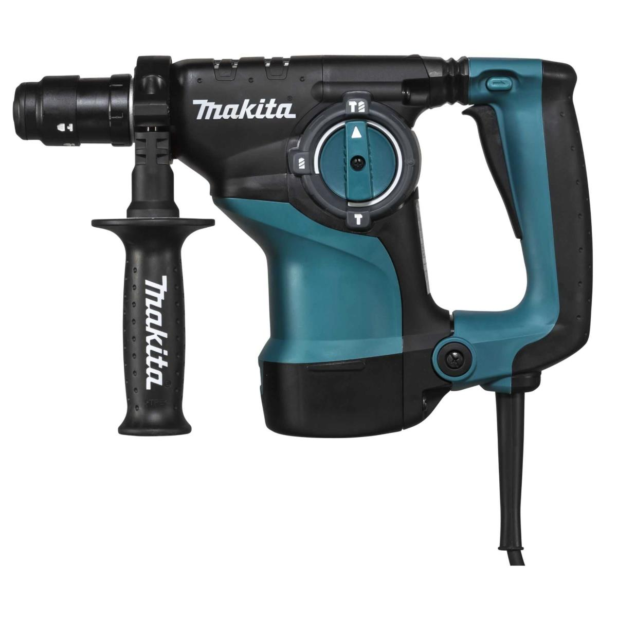 Trapano tassellatore Makita, nero e verde acqua. Manico nero con logo Makita. Sfondo bianco.
