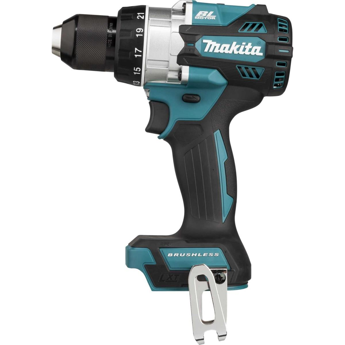 Trapano Makita verde acqua e nero con mandrino argentato. Sfondo bianco.