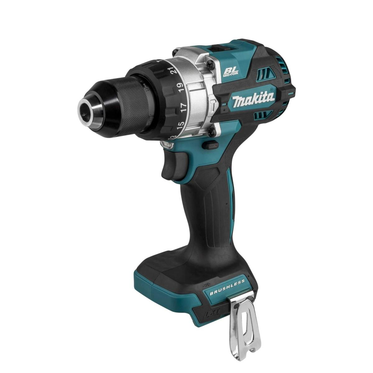 Trapano avvitatore Makita, nero e verde acqua, con una punta nera.