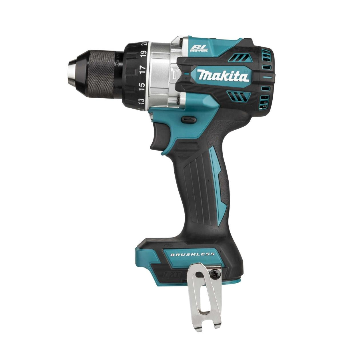 Trapano avvitatore Makita, nero e verde acqua, con una punta nera.