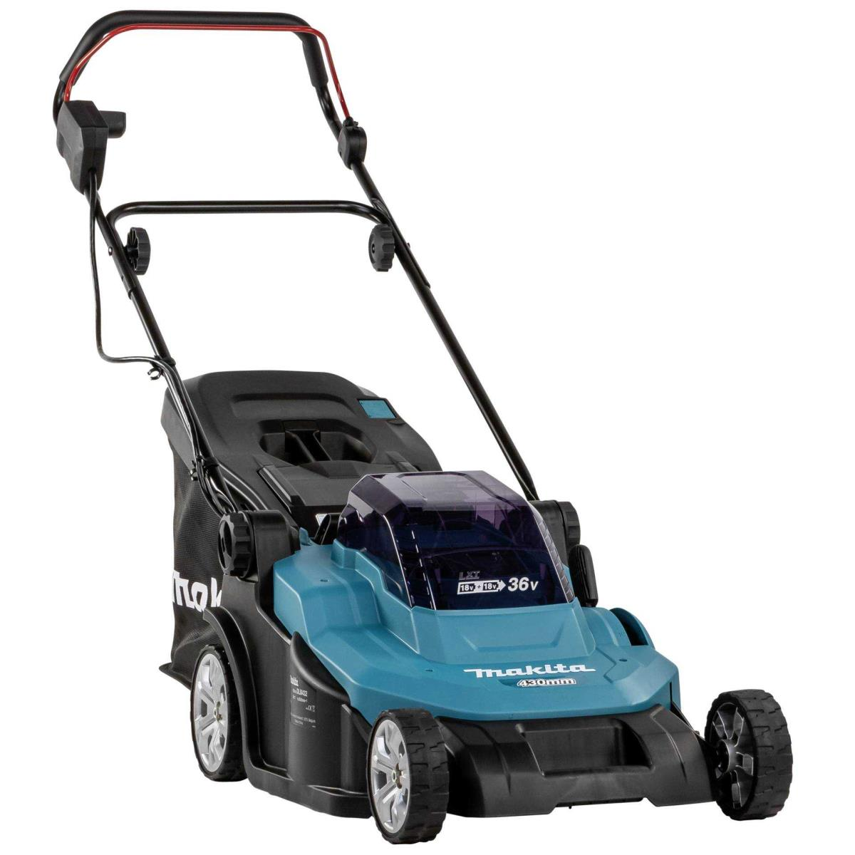 Ein teal-farbener und schwarzer Makita-Rasenmäher mit schwarzem Grassack auf weißem Hintergrund.