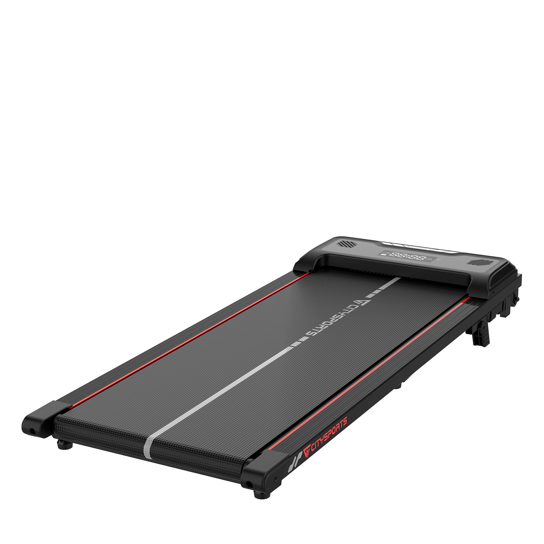 Schwarzes und rotes Laufband auf weißem Grund, niedriger Winkel.