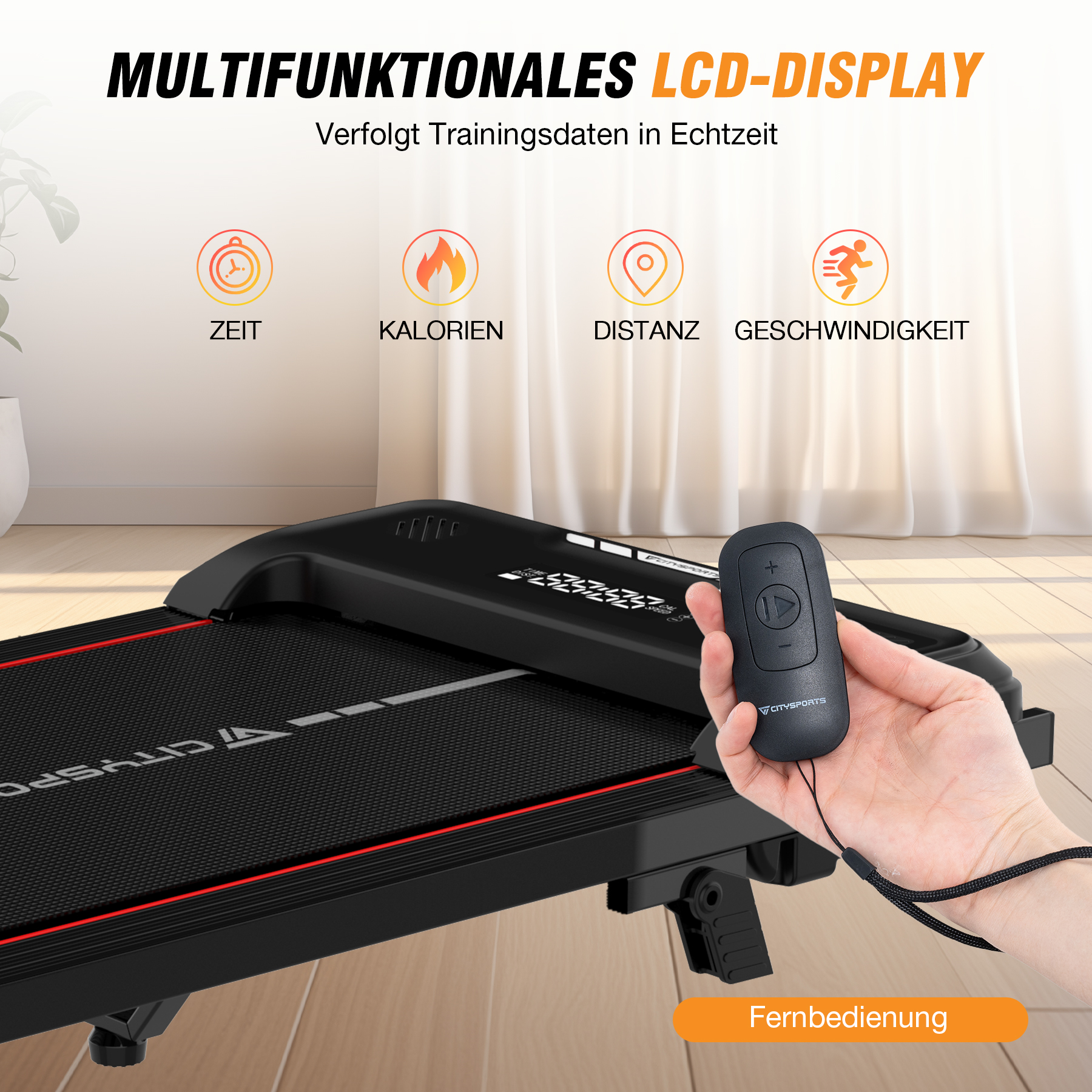 Laufband-Bedienfeld mit LCD-Anzeige. Text: Multifunktionales LCD-DISPLAY. Zeigt Zeit, Kalorien, Distanz, Geschwindigkeit.