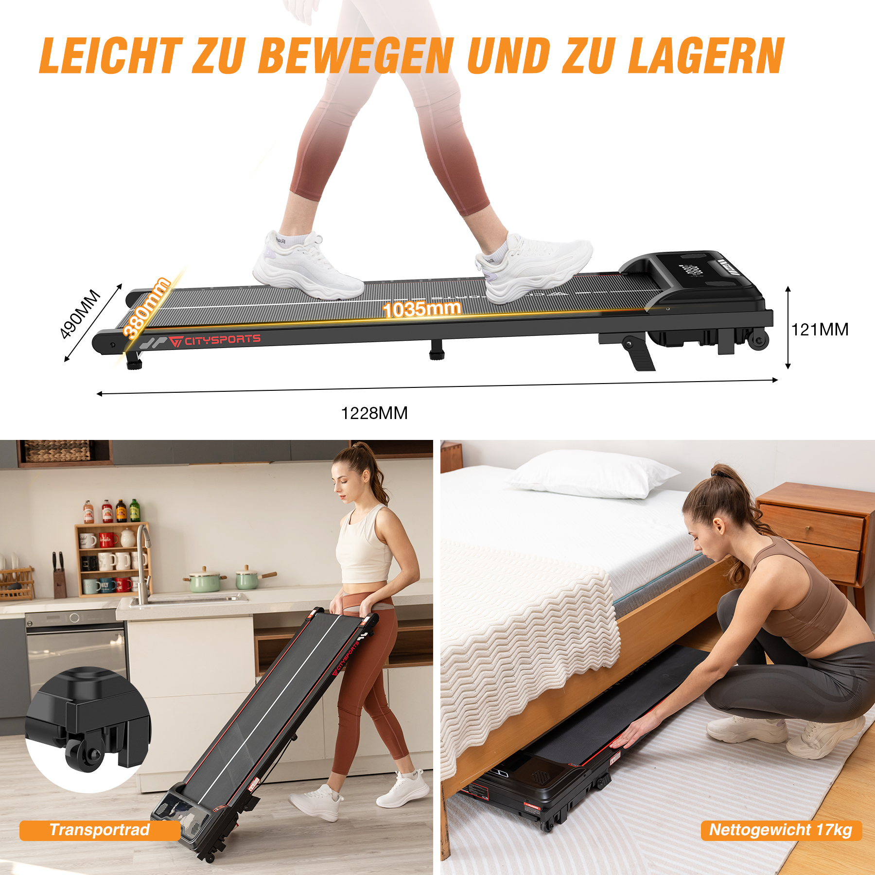 Laufband mit Person, die darauf läuft, Abmessungen gezeigt, und Frau, die es zusammenklappt.