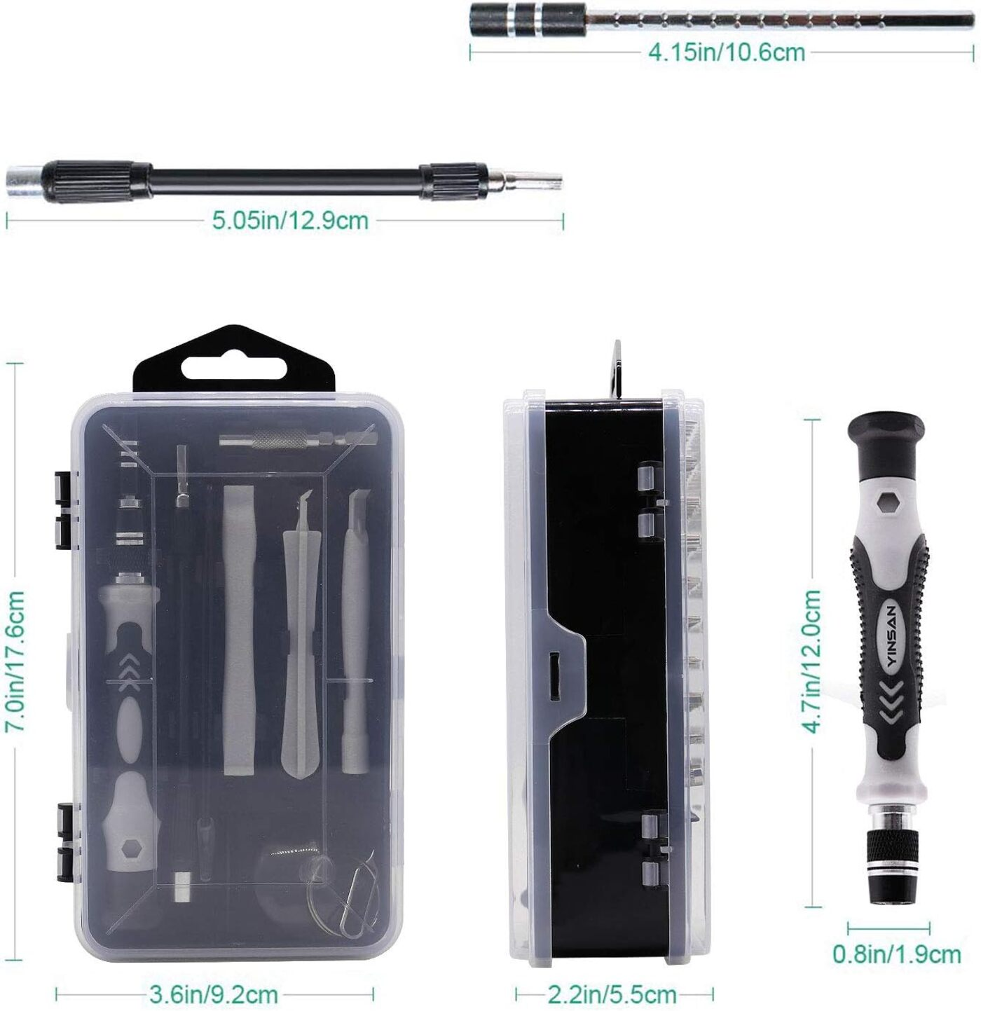Kit de herramientas con varias herramientas. Caja abierta con herramientas. Dimensiones.