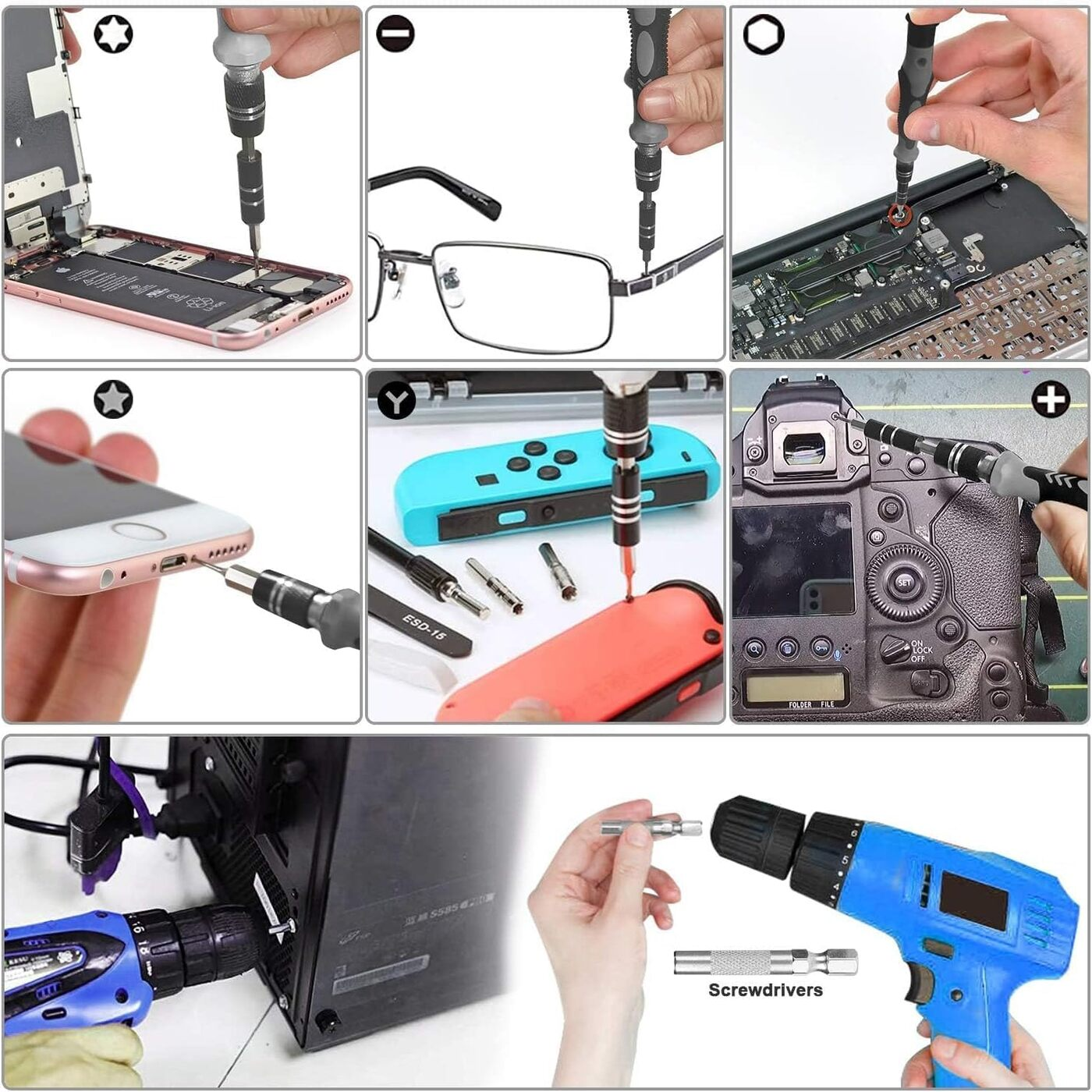 Múltiples imágenes de destornilladores que se utilizan en electrónica. Incluye un teléfono, gafas y cámara.
