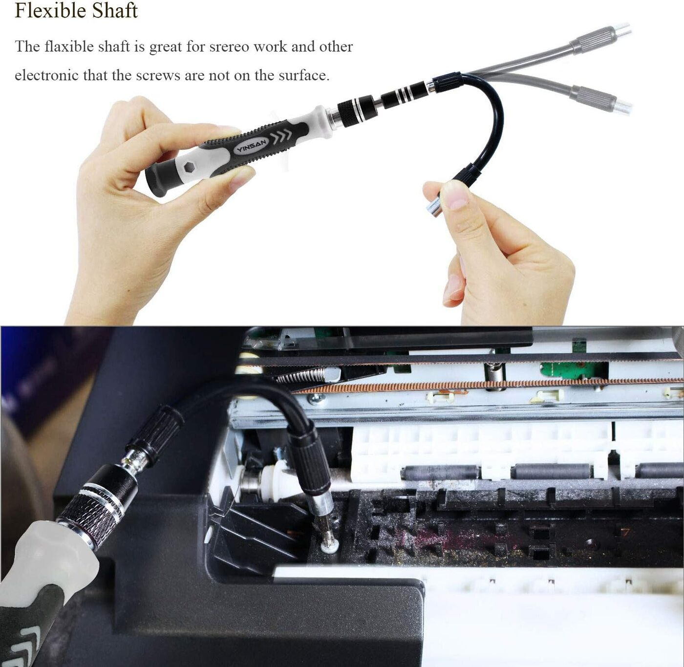 Destornillador de eje flexible. Manos sosteniendo y usando destornillador.