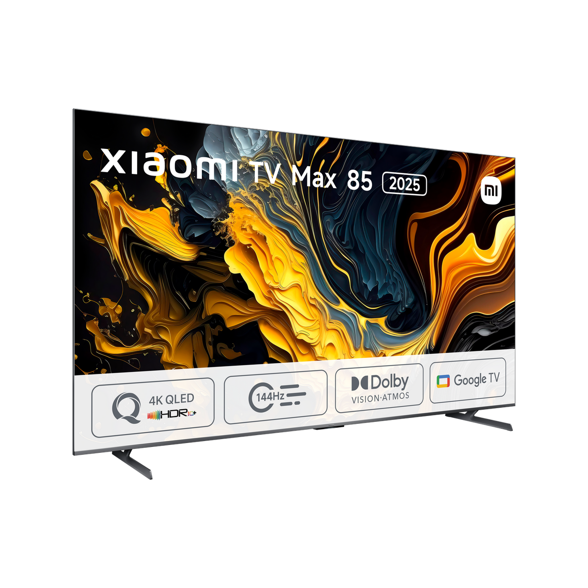Xiaomi TV Max 85. Duży ekran z kolorową sztuką abstrakcyjną. Funkcje: 4K QLED, 144Hz, Dolby i Google TV.