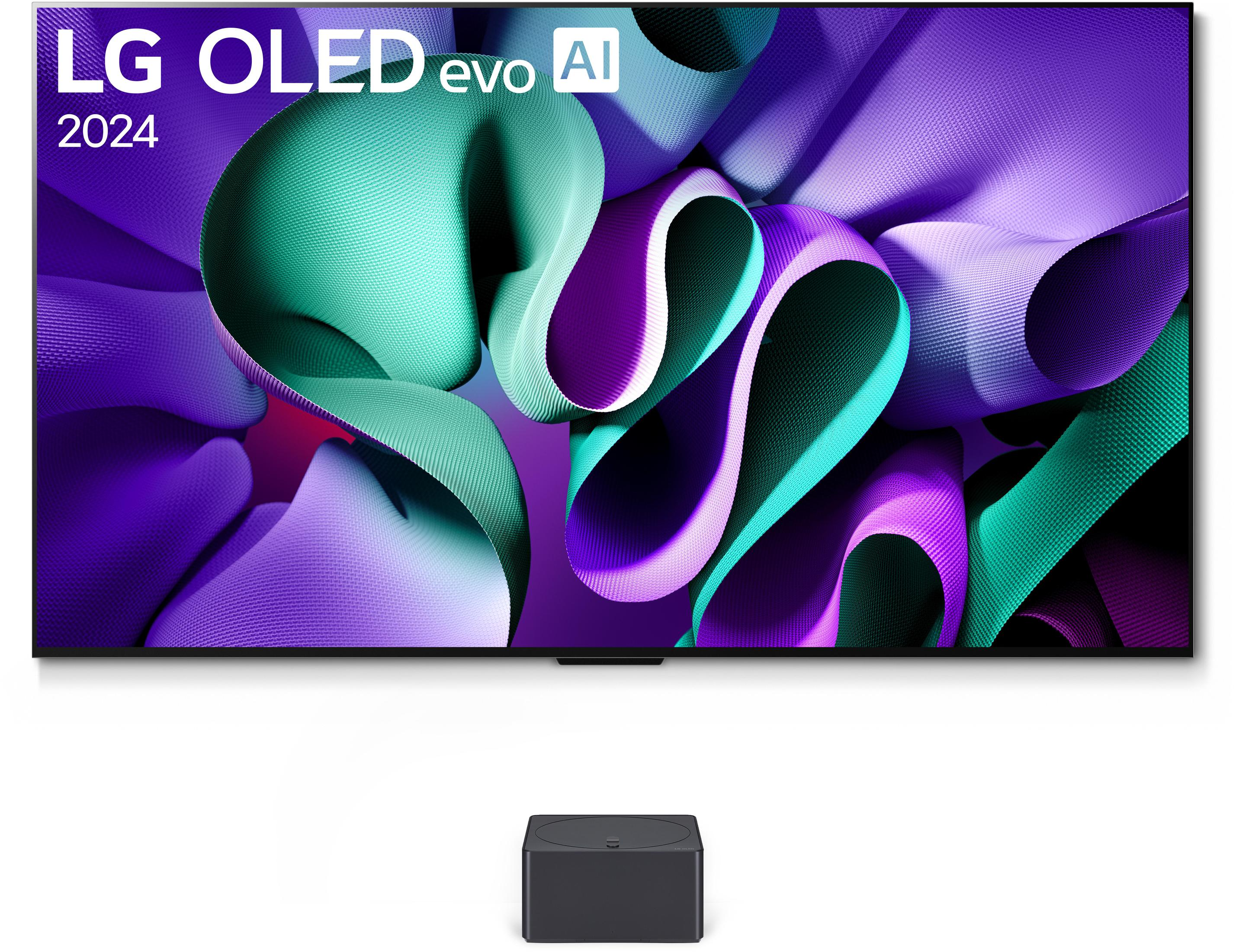 Grote tv. Tekst: LG OLED evo AI 2024. Abstract kleurrijk scherm. Zwarte soundbar eronder.