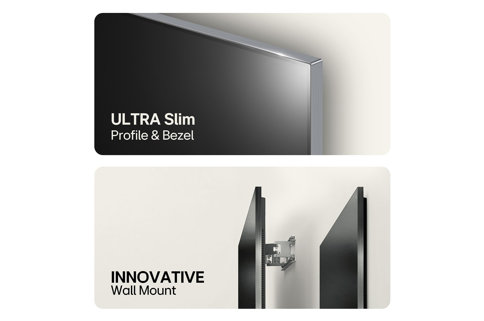 Een close-up van een tv, met een ultraslank profiel en een innovatieve wandbeugel.