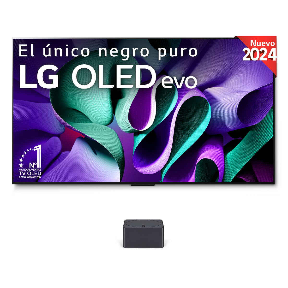 Een grote LG OLED evo tv toont een kleurrijke afbeelding, met een zwarte soundbar eronder.