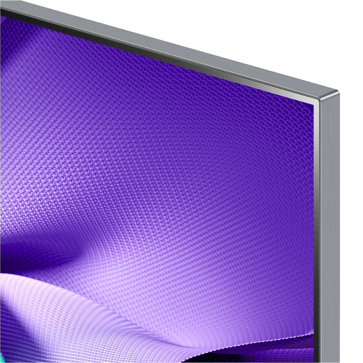 Close-up van een zilveren tv-schermframe, met een wazig paars-blauw gestructureerd patroon.