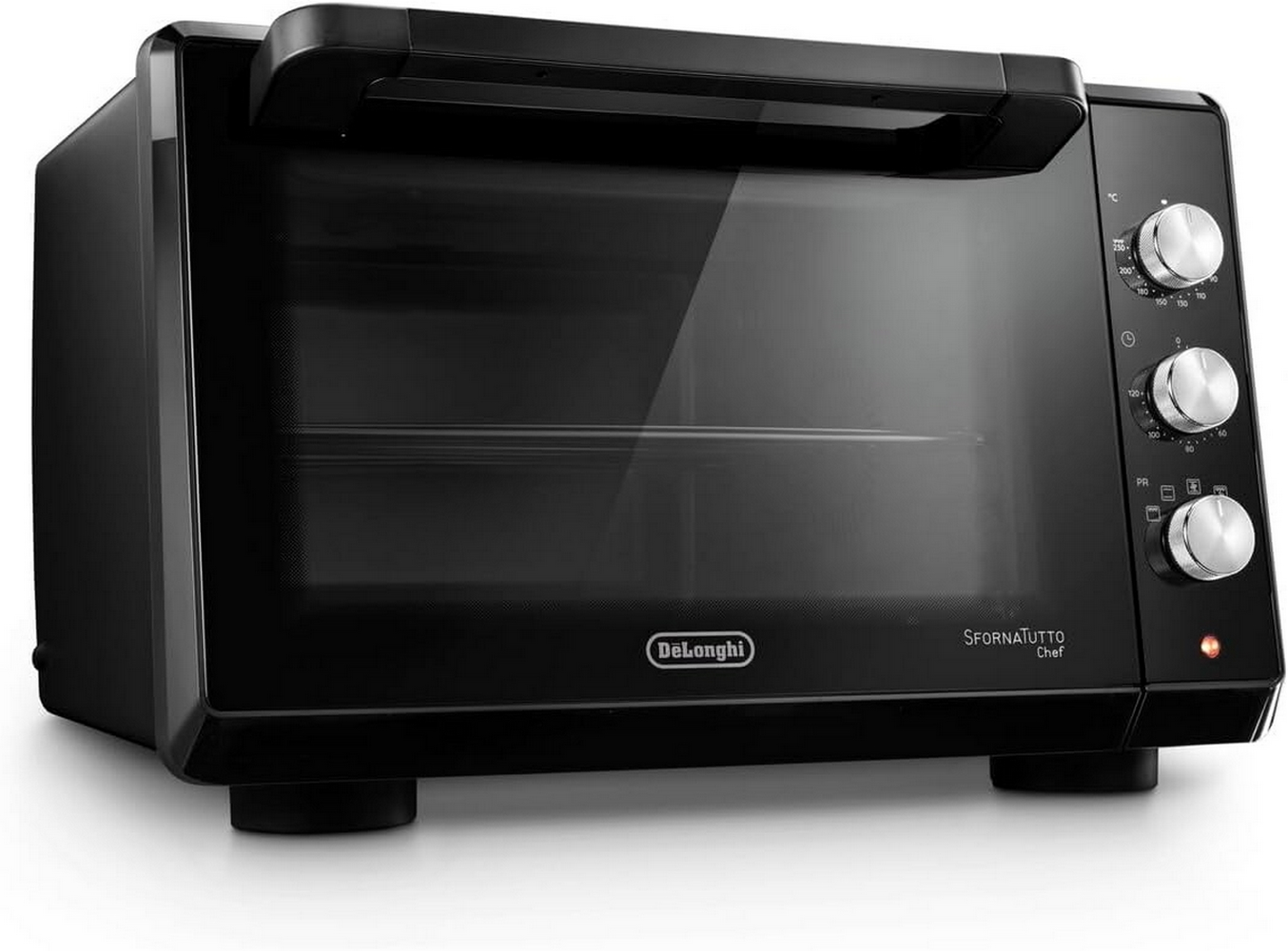 Forno nero Delonghi Sfornatutto Chef con manopole e una luce rossa.