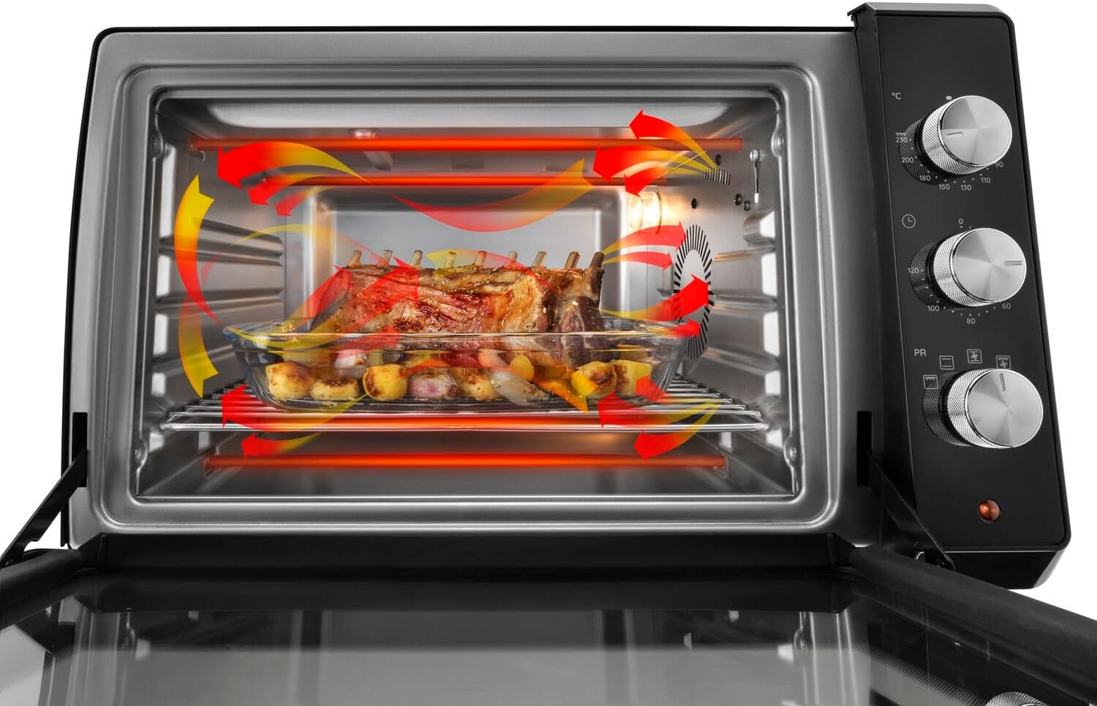 Interno del forno con carne arrosto e verdure, con linee di flusso di calore.