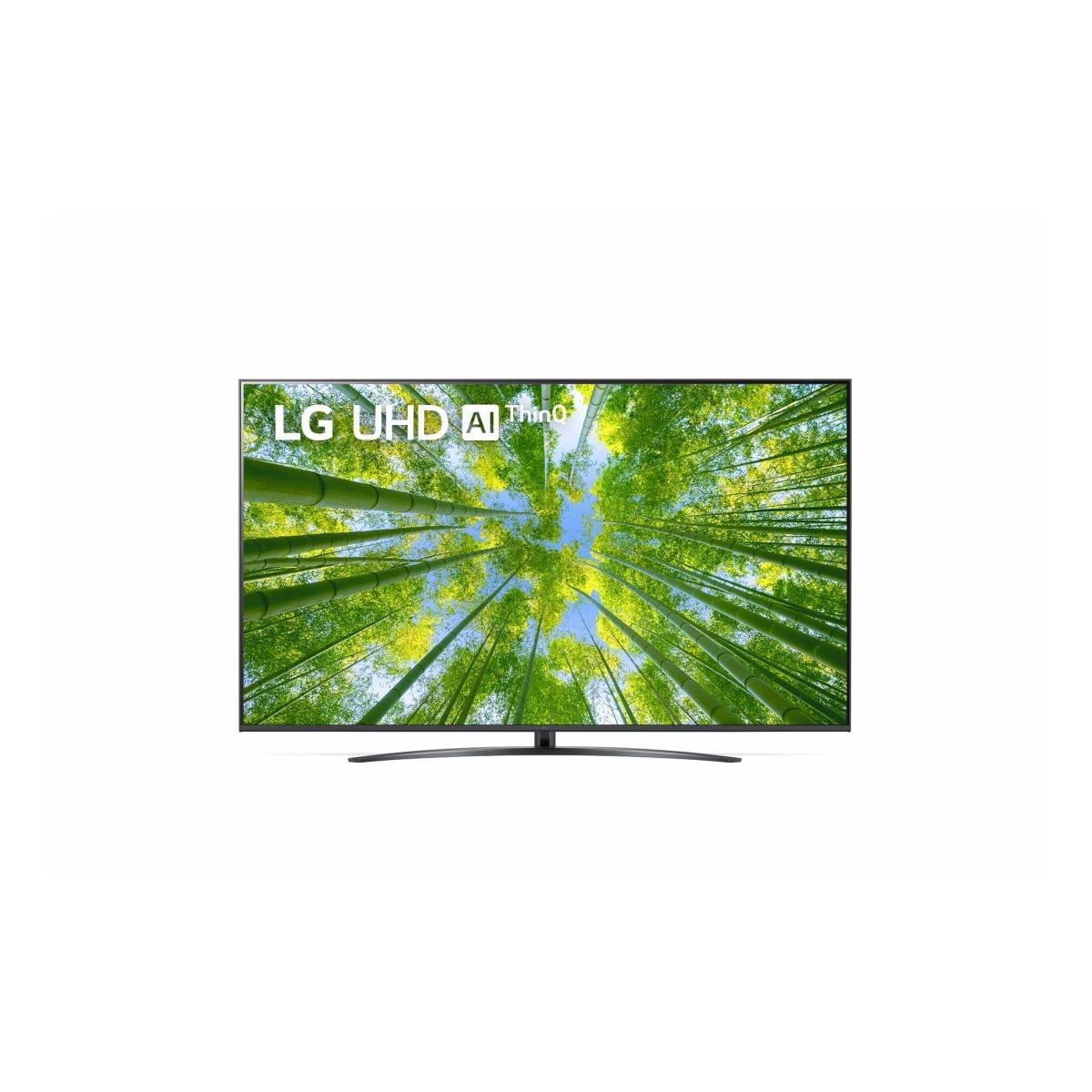 LG UHD AI ThinQ TV. Lo schermo mostra una foresta di bambù. Cornice nera, sfondo bianco.