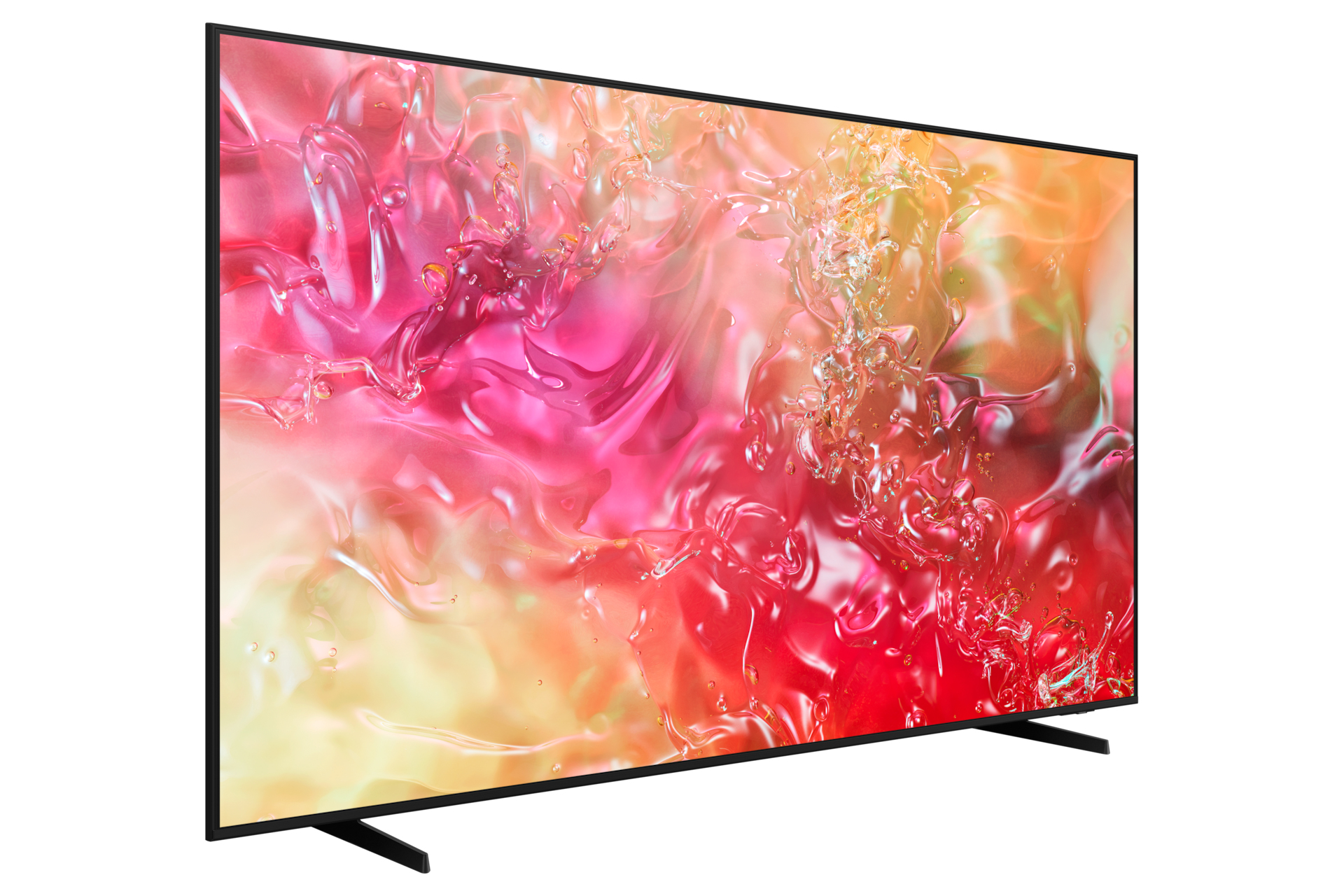 Un televisore a schermo piatto di grandi dimensioni con arte astratta colorata sul display, cornice nera e supporto.